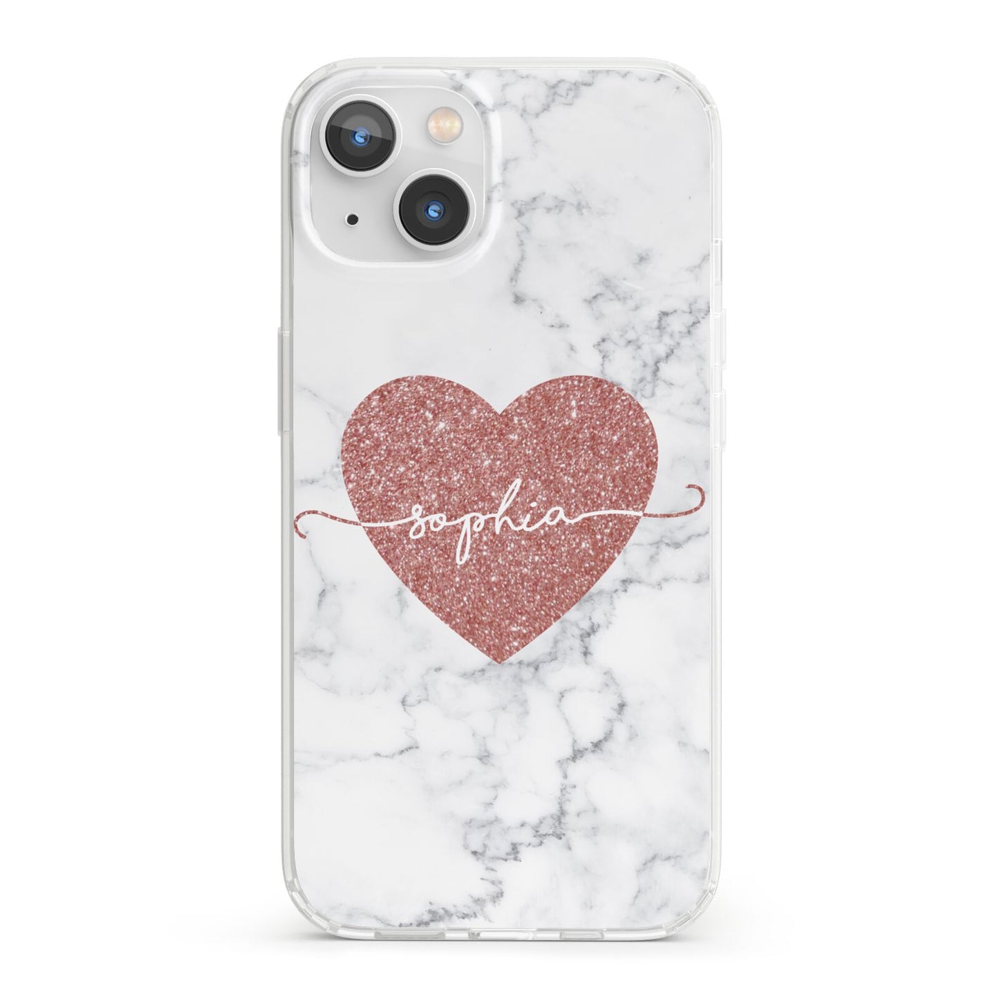 Marble Rose Gold Glitter Heart Personalised Name iPhone 13 Clear Bumper Case