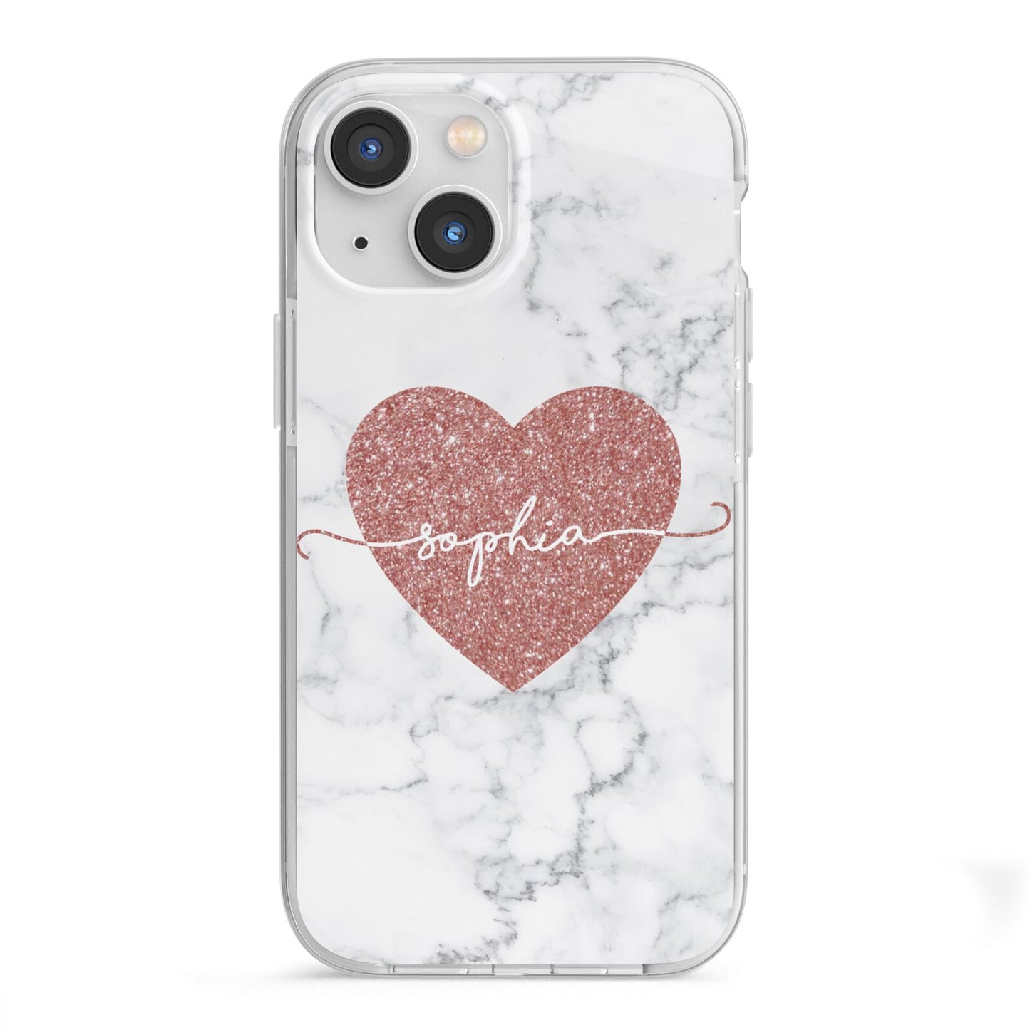 Marble Rose Gold Glitter Heart Personalised Name iPhone 13 Mini TPU Impact Case with White Edges