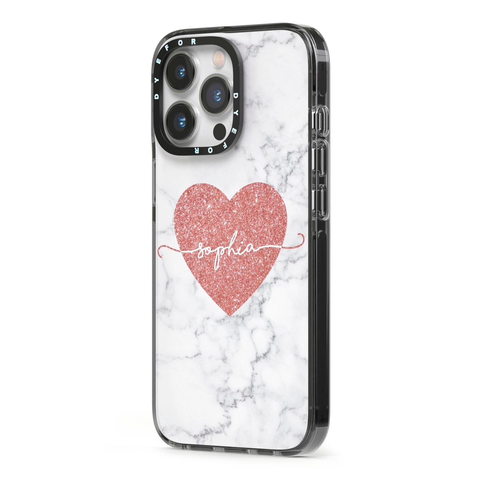 Marble Rose Gold Glitter Heart Personalised Name iPhone 13 Pro Black Impact Case Side Angle on Silver phone