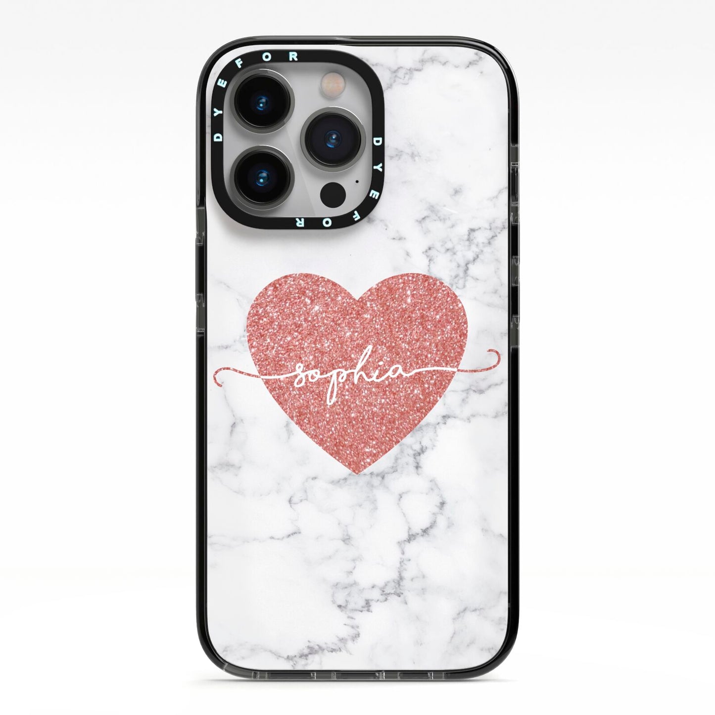 Marble Rose Gold Glitter Heart Personalised Name iPhone 13 Pro Black Impact Case on Silver phone