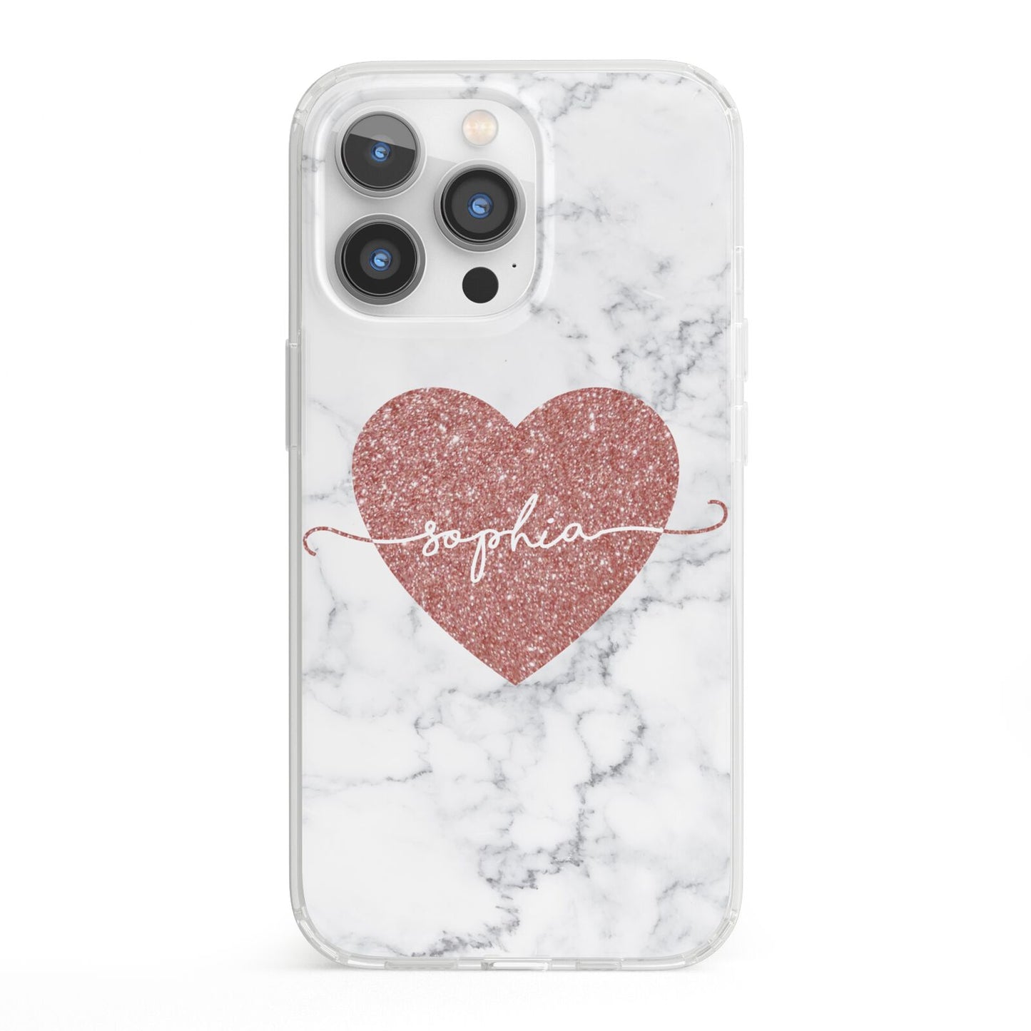 Marble Rose Gold Glitter Heart Personalised Name iPhone 13 Pro Clear Bumper Case