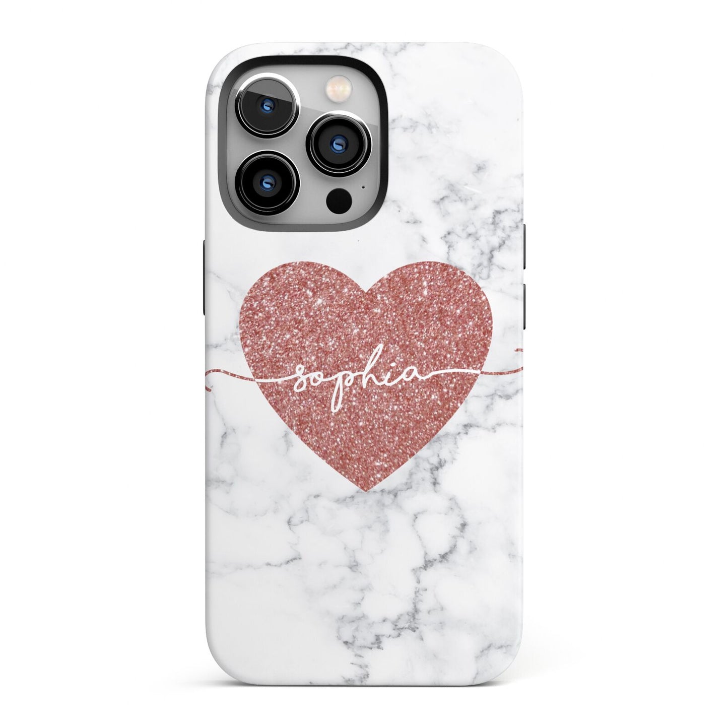 Marble Rose Gold Glitter Heart Personalised Name iPhone 13 Pro Full Wrap 3D Tough Case