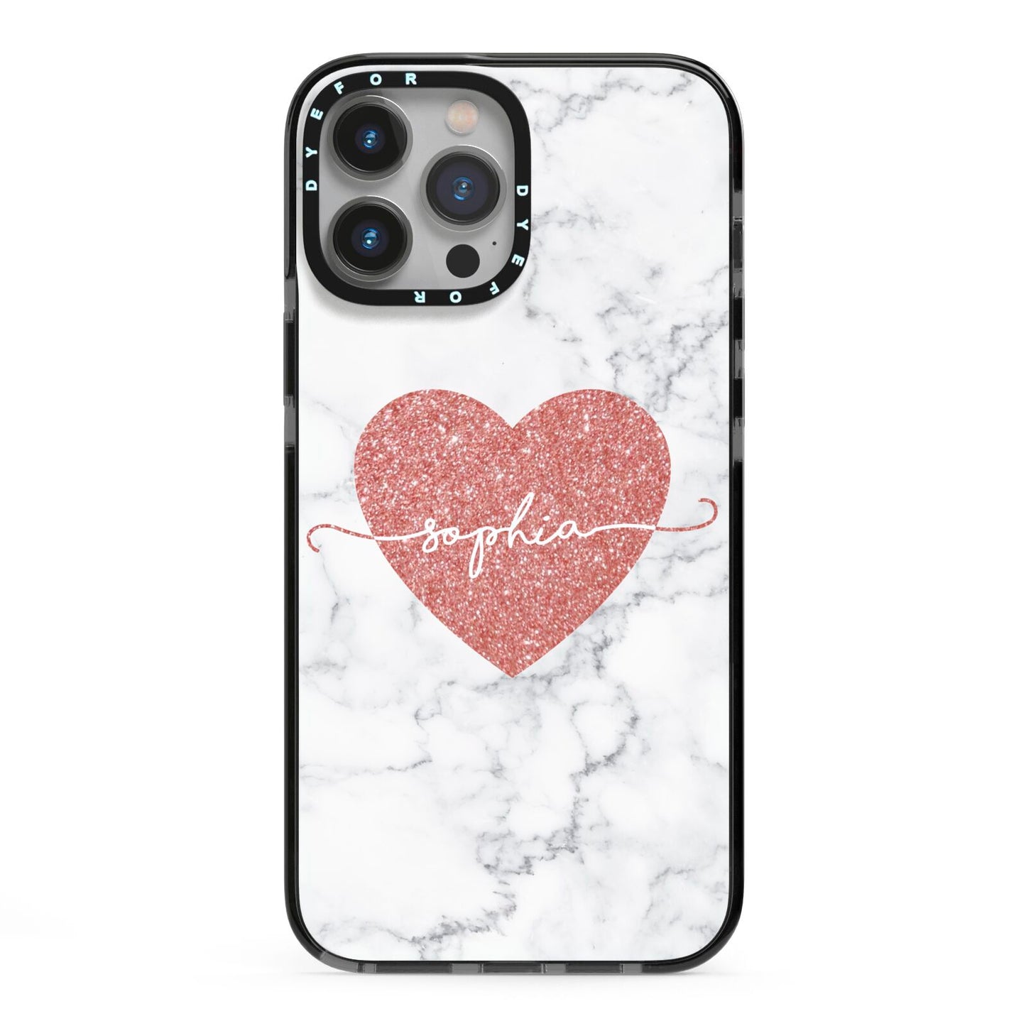 Marble Rose Gold Glitter Heart Personalised Name iPhone 13 Pro Max Black Impact Case on Silver phone