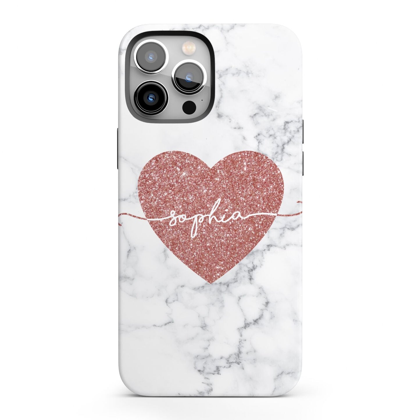 Marble Rose Gold Glitter Heart Personalised Name iPhone 13 Pro Max Full Wrap 3D Tough Case