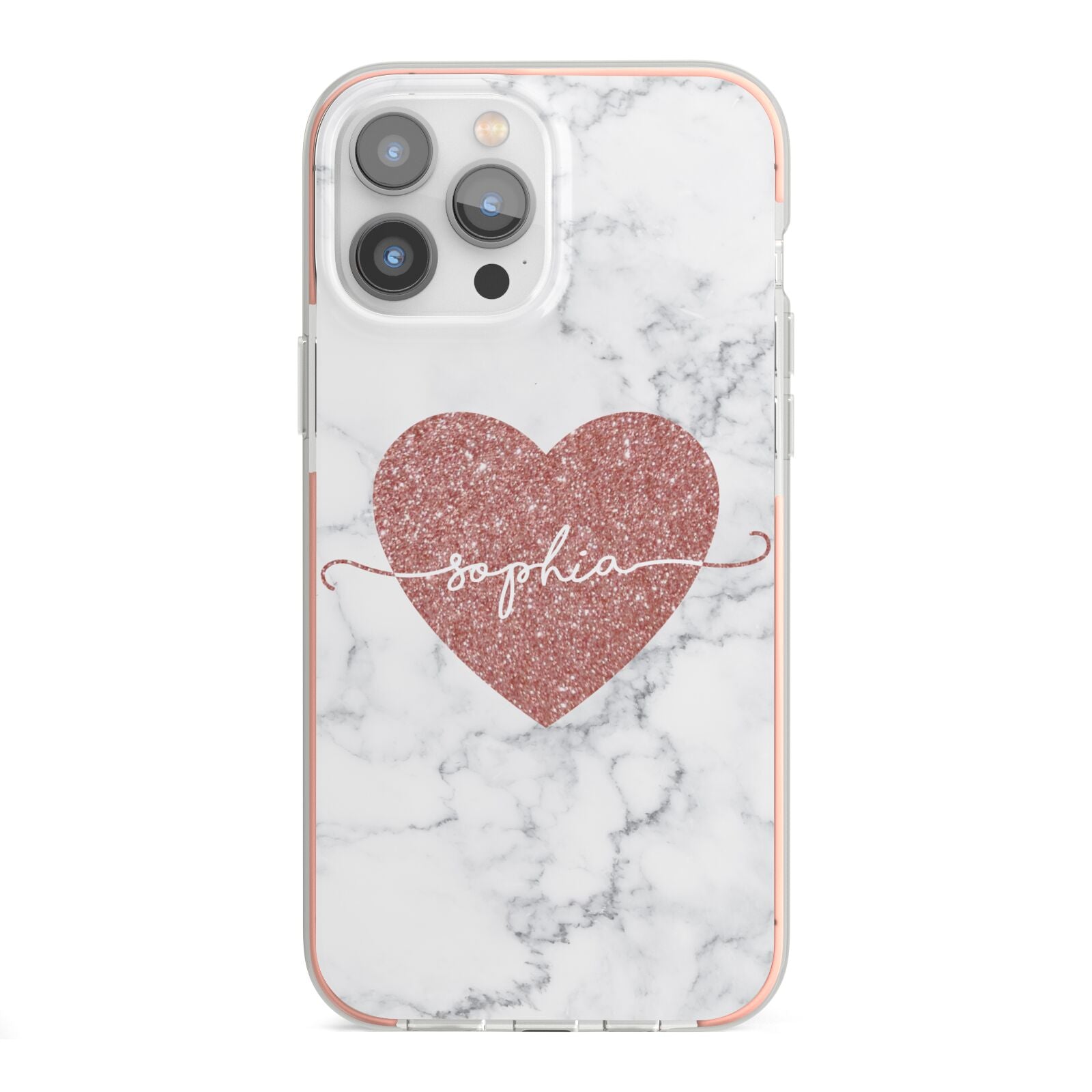 Marble Rose Gold Glitter Heart Personalised Name iPhone 13 Pro Max TPU Impact Case with Pink Edges