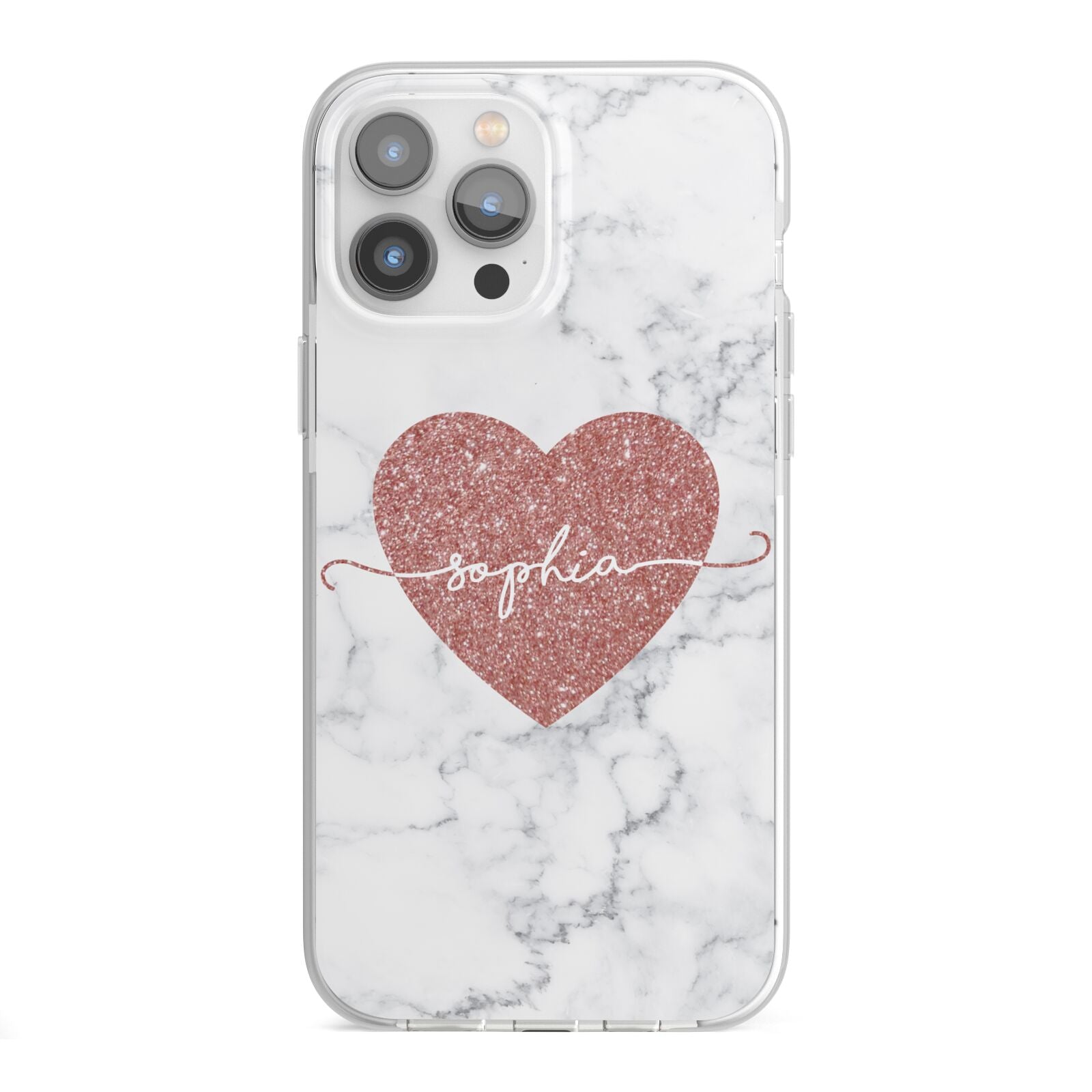 Marble Rose Gold Glitter Heart Personalised Name iPhone 13 Pro Max TPU Impact Case with White Edges