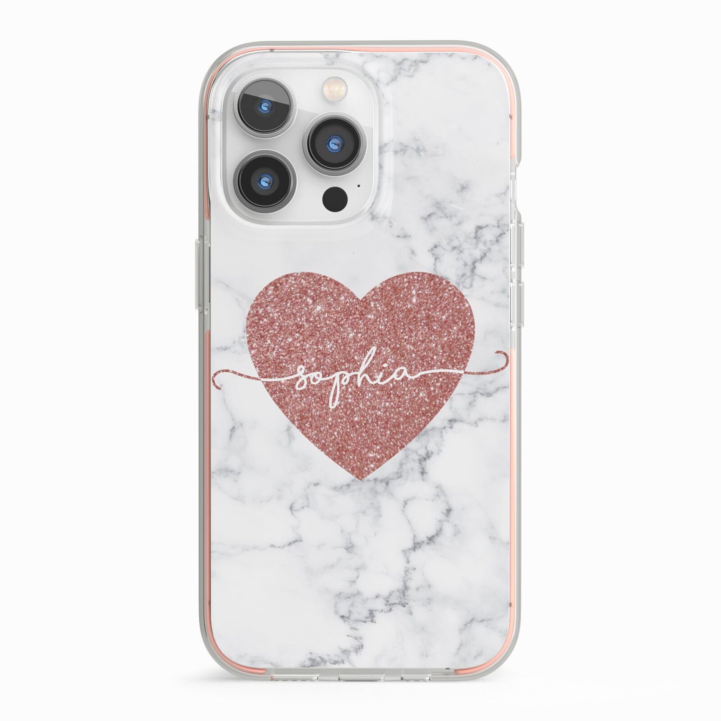 Marble Rose Gold Glitter Heart Personalised Name iPhone 13 Pro TPU Impact Case with Pink Edges