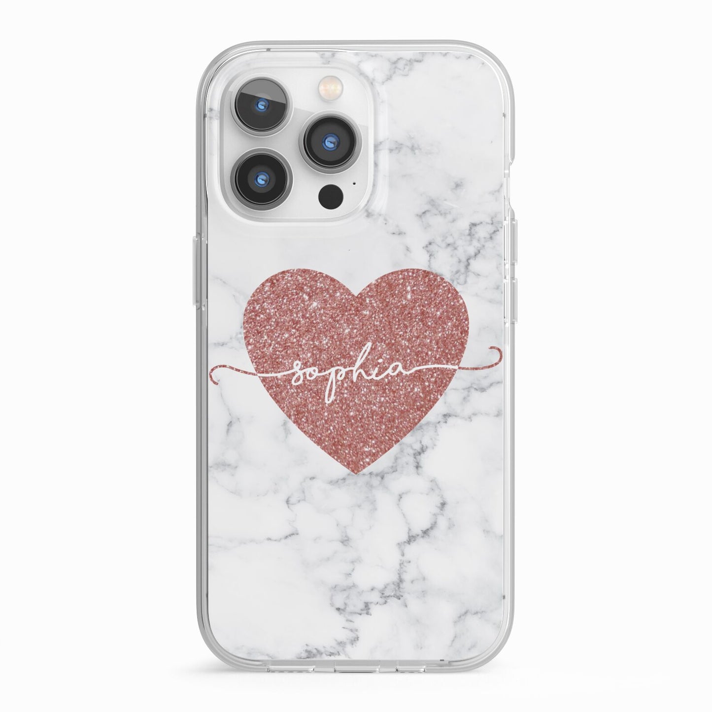 Marble Rose Gold Glitter Heart Personalised Name iPhone 13 Pro TPU Impact Case with White Edges