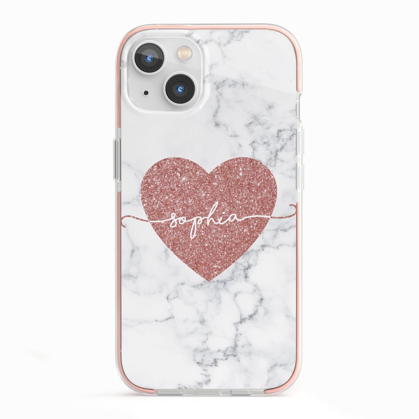 Marble Rose Gold Glitter Heart Personalised Name iPhone 13 TPU Impact Case with Pink Edges