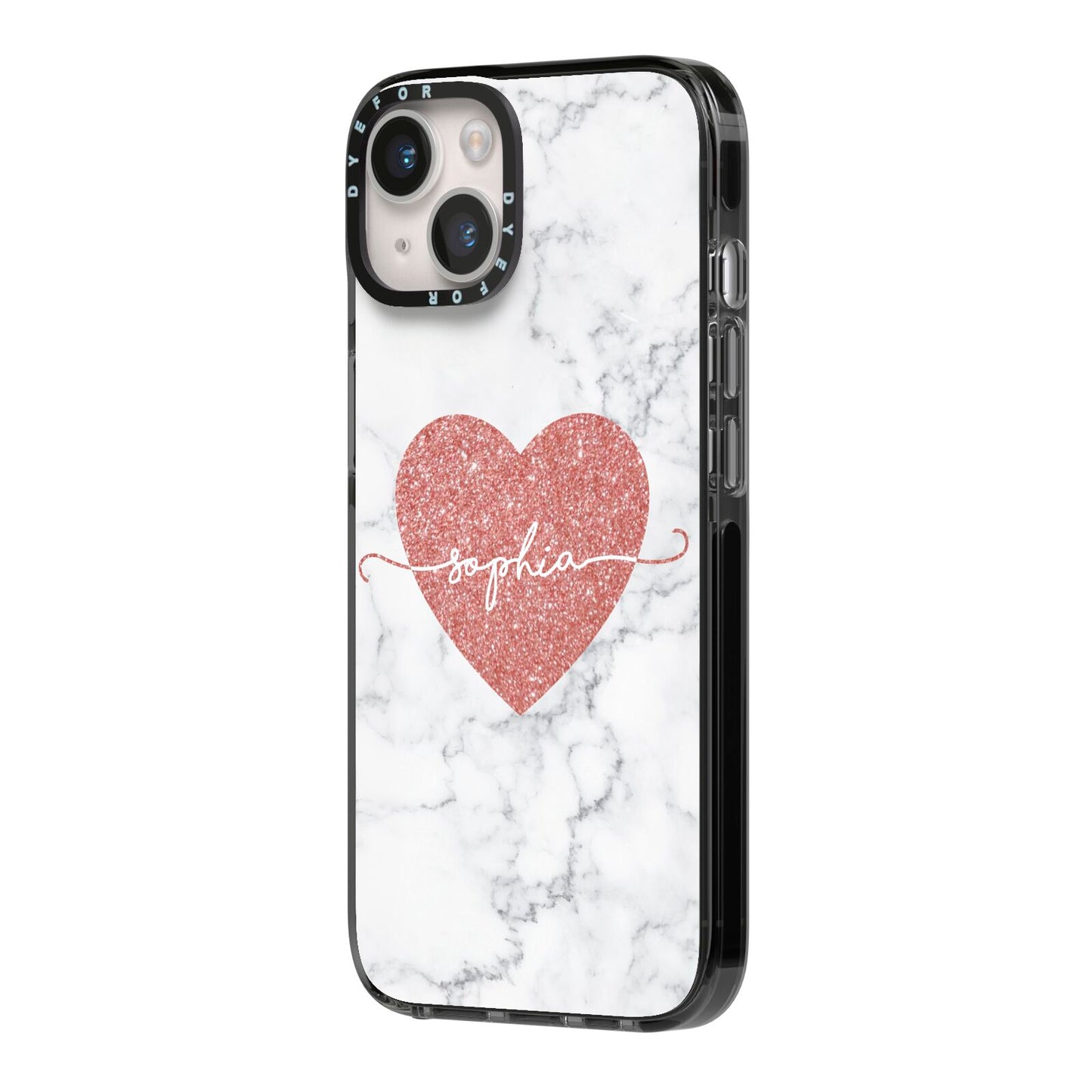 Marble Rose Gold Glitter Heart Personalised Name iPhone 14 Black Impact Case Side Angle on Silver phone