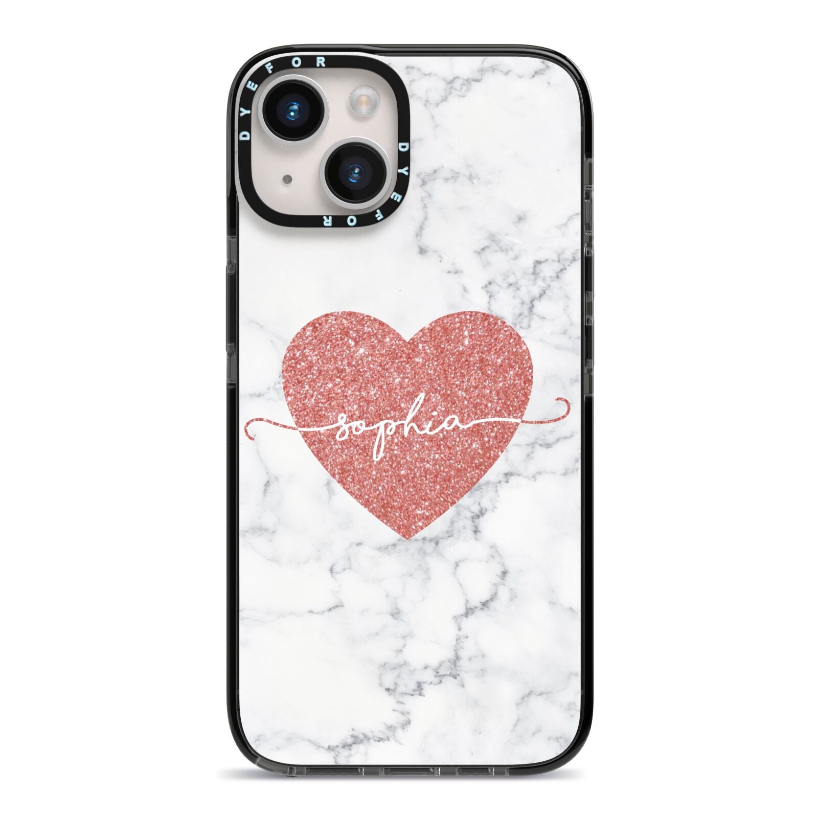 Marble Rose Gold Glitter Heart Personalised Name iPhone 14 Black Impact Case on Silver phone