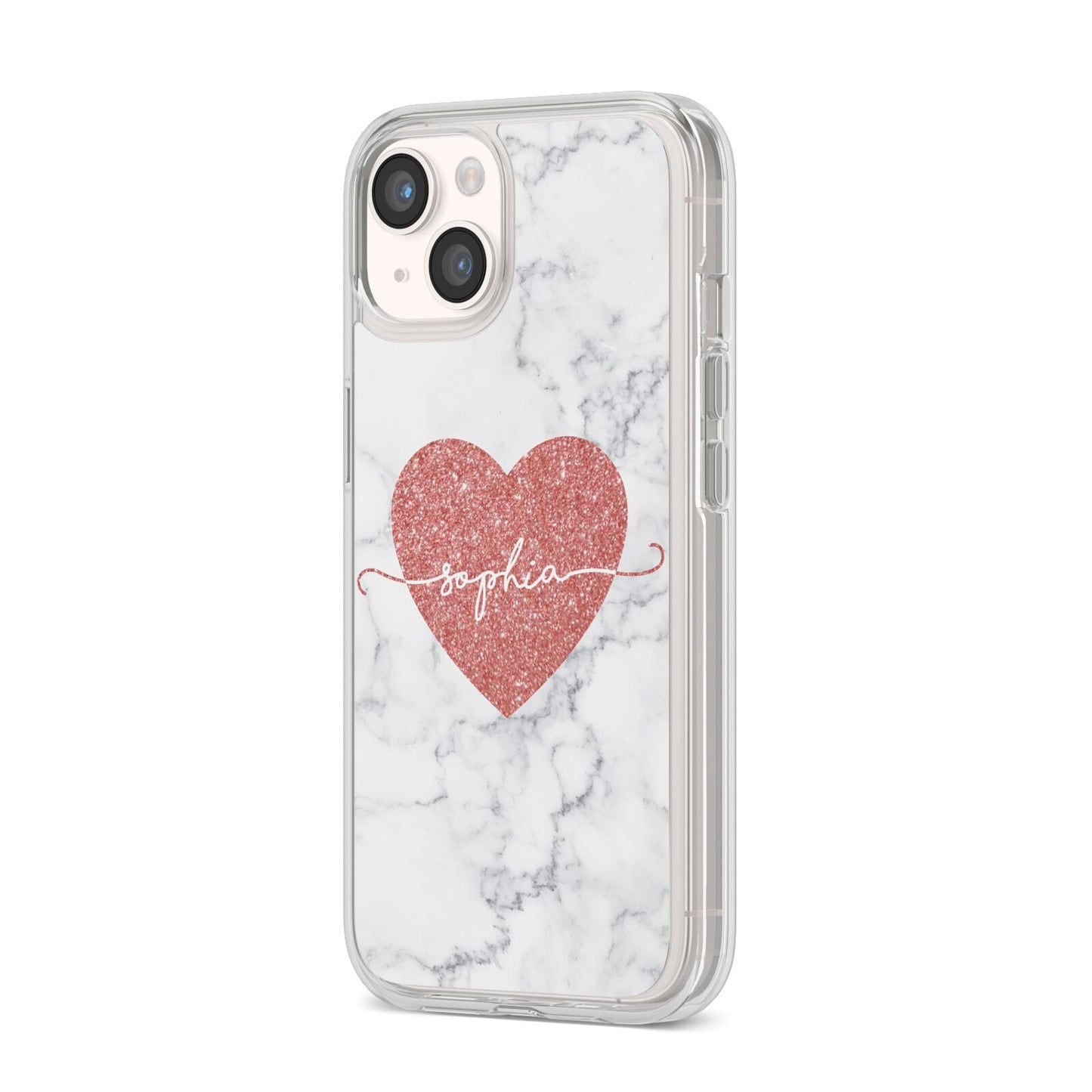 Marble Rose Gold Glitter Heart Personalised Name iPhone 14 Clear Tough Case Starlight Angled Image
