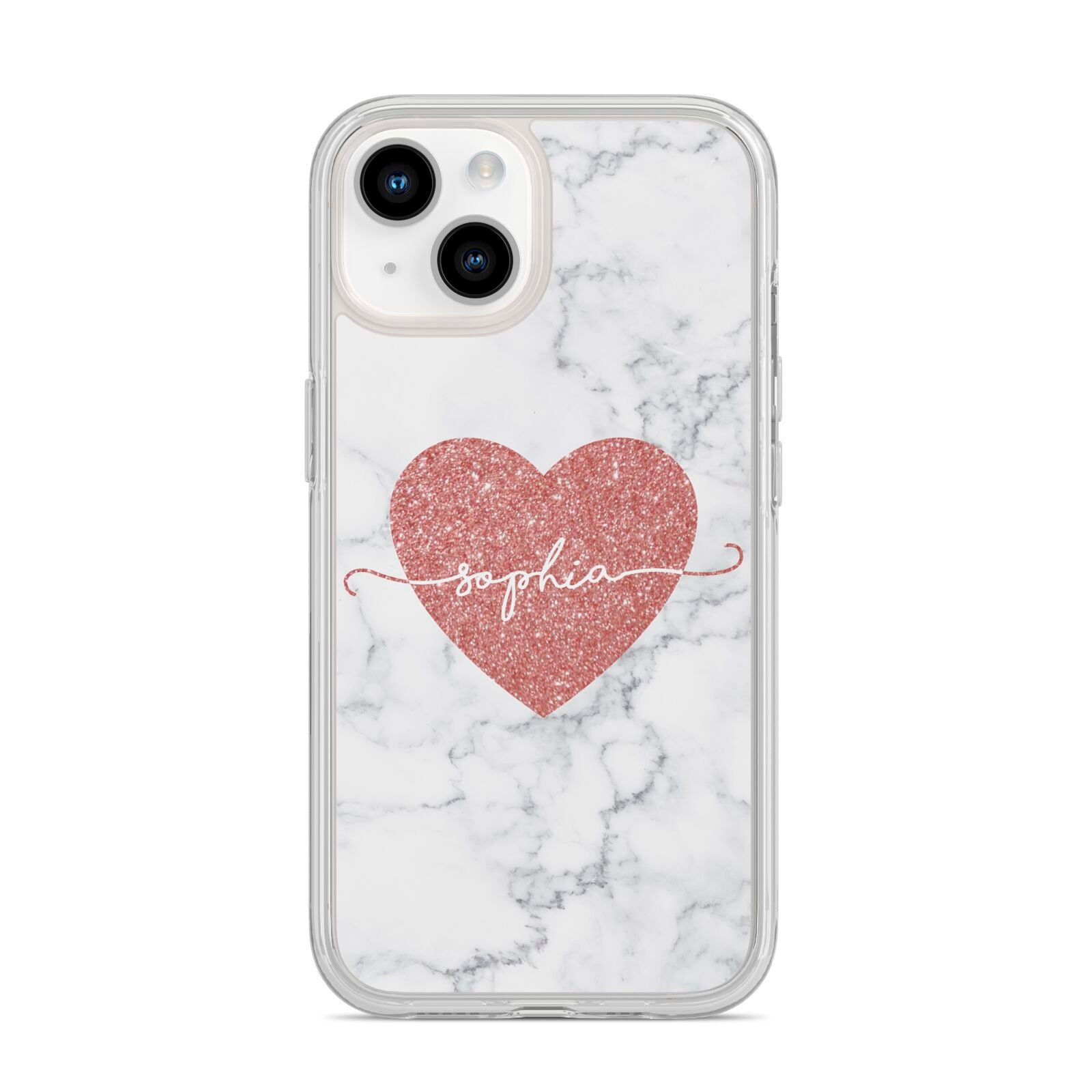 Marble Rose Gold Glitter Heart Personalised Name iPhone 14 Clear Tough Case Starlight