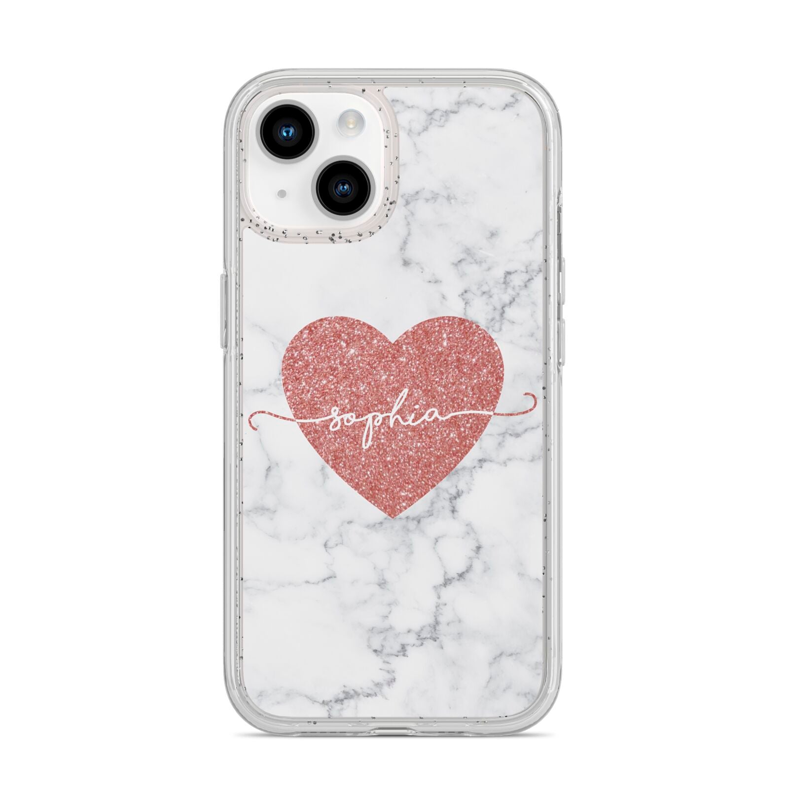 Marble Rose Gold Glitter Heart Personalised Name iPhone 14 Glitter Tough Case Starlight
