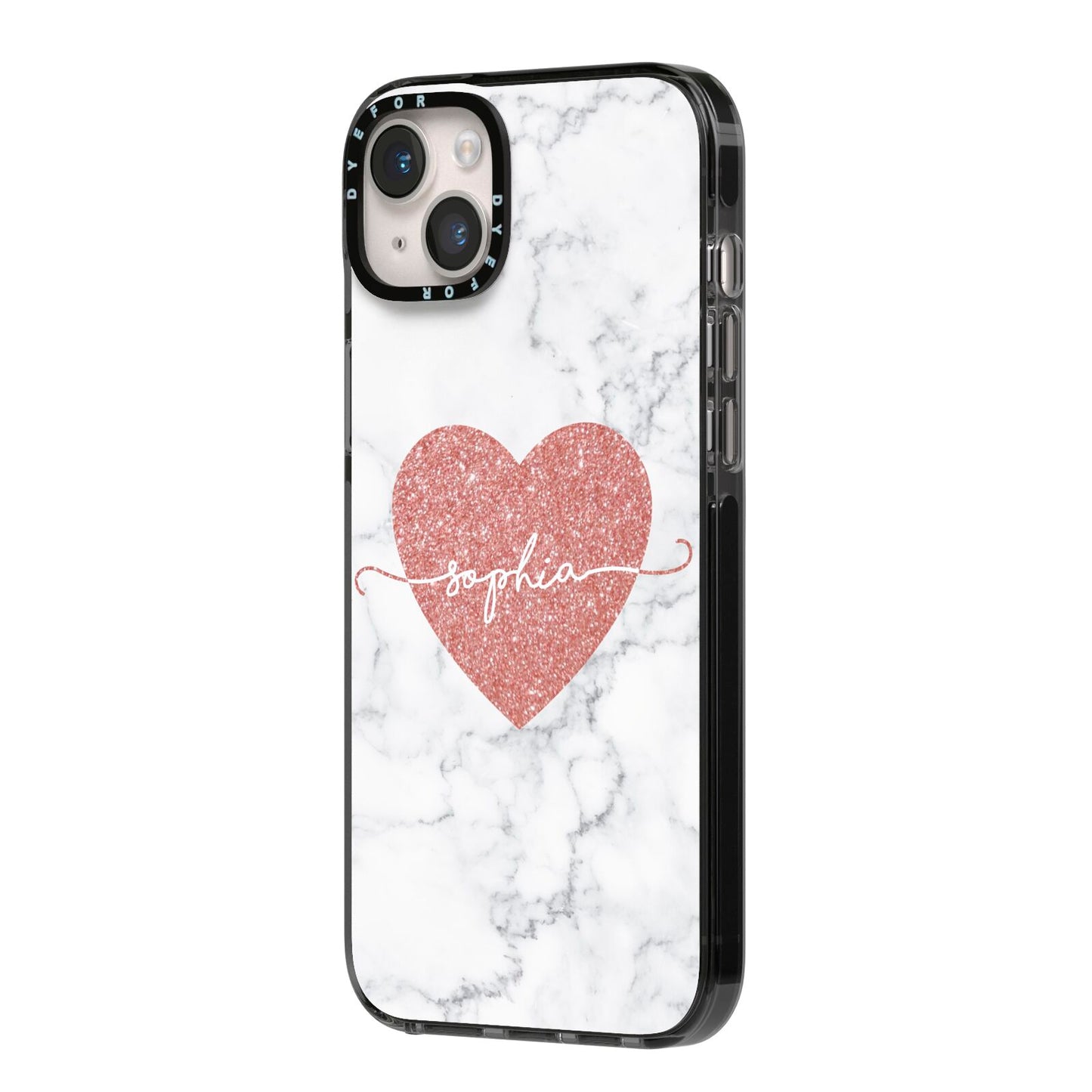 Marble Rose Gold Glitter Heart Personalised Name iPhone 14 Plus Black Impact Case Side Angle on Silver phone