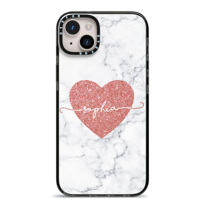 Marble Rose Gold Glitter Heart Personalised Name iPhone 14 Plus Black Impact Case on Silver phone
