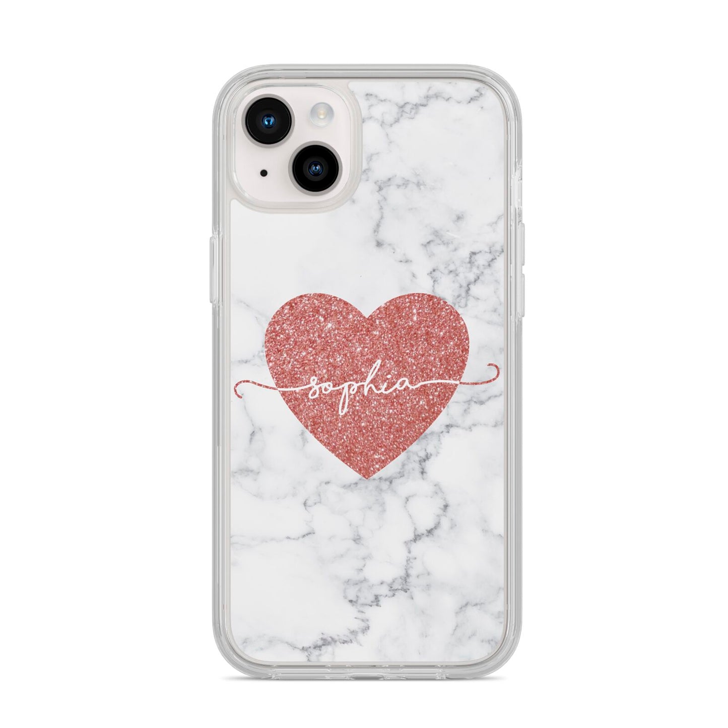 Marble Rose Gold Glitter Heart Personalised Name iPhone 14 Plus Clear Tough Case Starlight