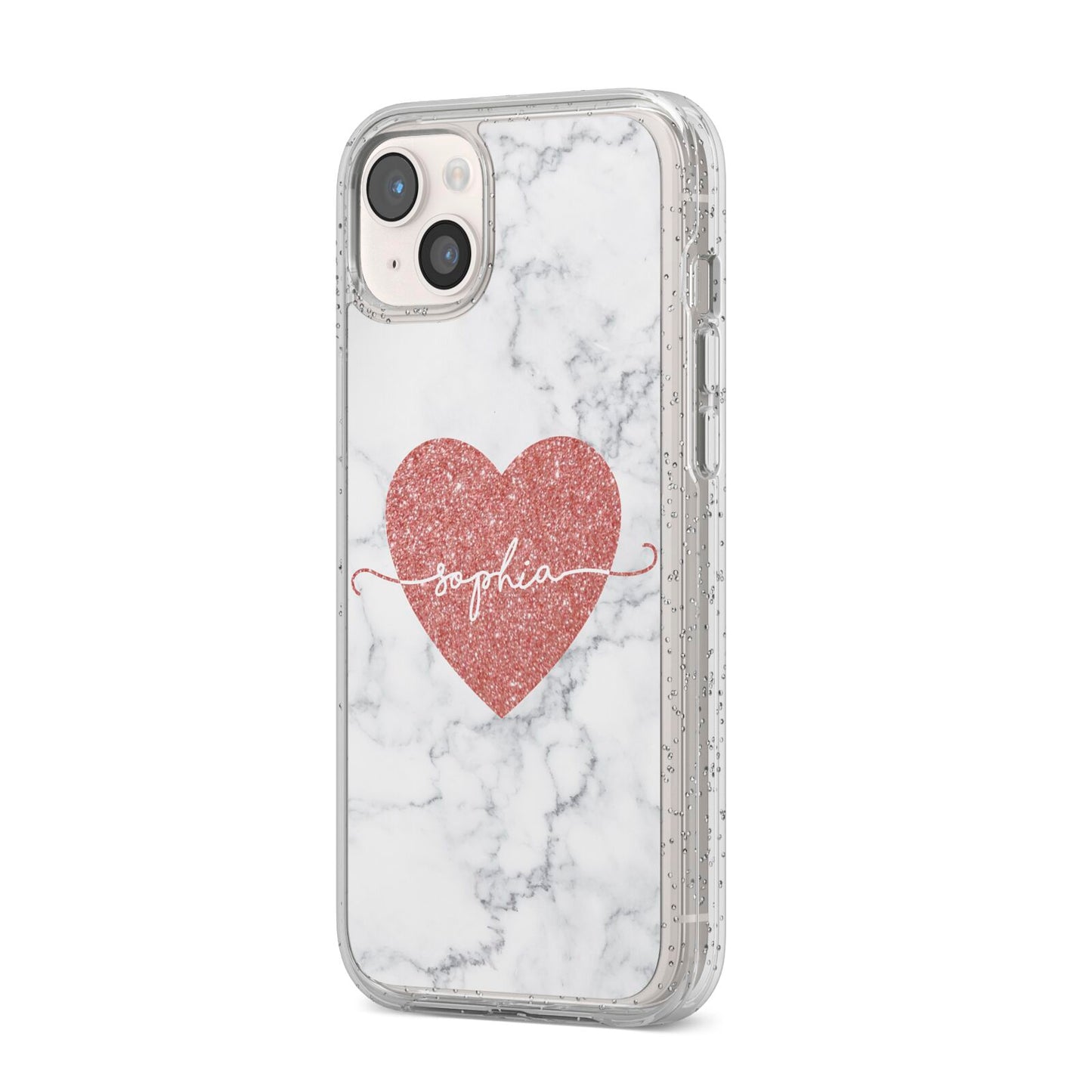Marble Rose Gold Glitter Heart Personalised Name iPhone 14 Plus Glitter Tough Case Starlight Angled Image