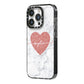 Marble Rose Gold Glitter Heart Personalised Name iPhone 14 Pro Black Impact Case Side Angle on Silver phone