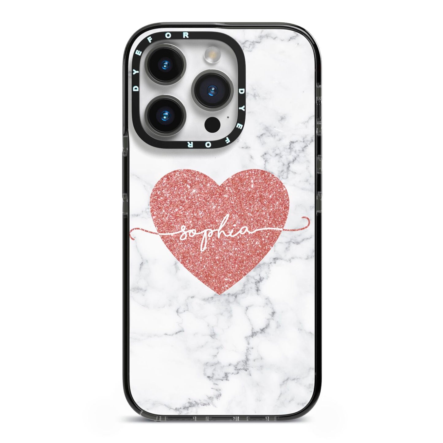 Marble Rose Gold Glitter Heart Personalised Name iPhone 14 Pro Black Impact Case on Silver phone
