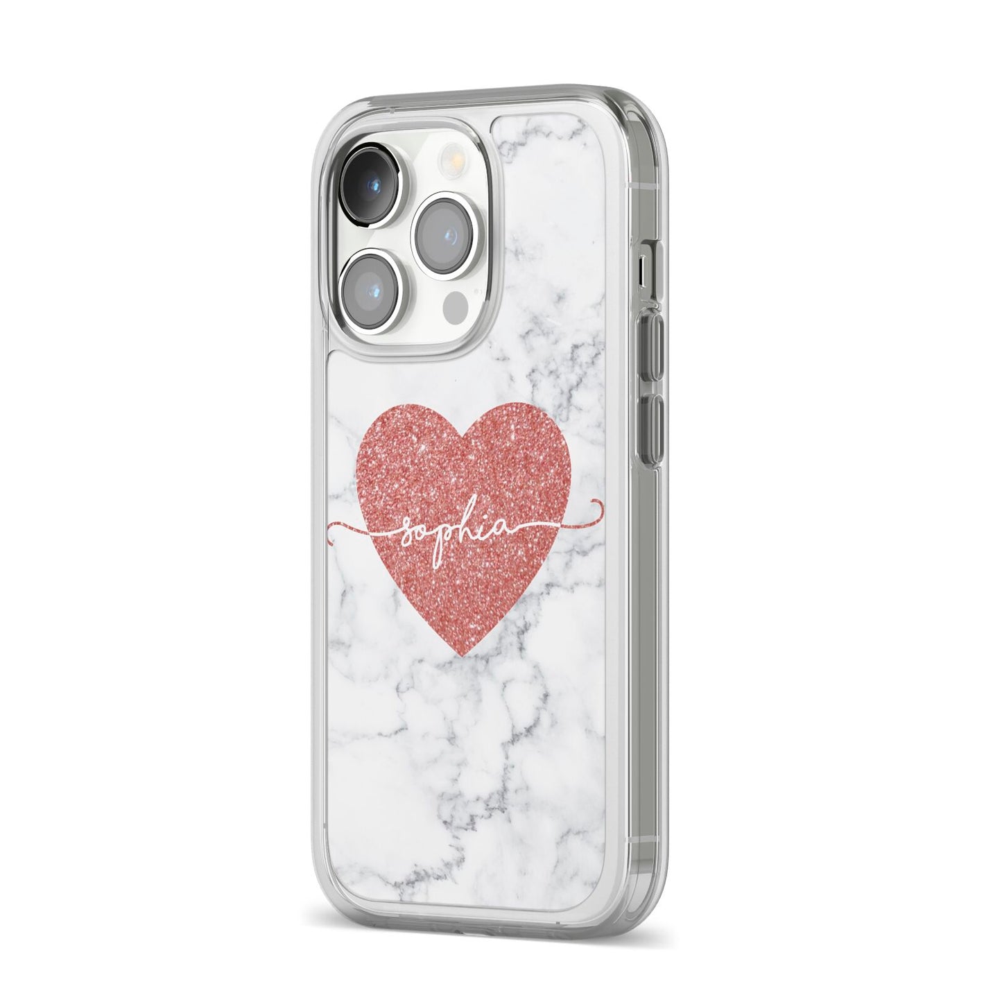 Marble Rose Gold Glitter Heart Personalised Name iPhone 14 Pro Clear Tough Case Silver Angled Image