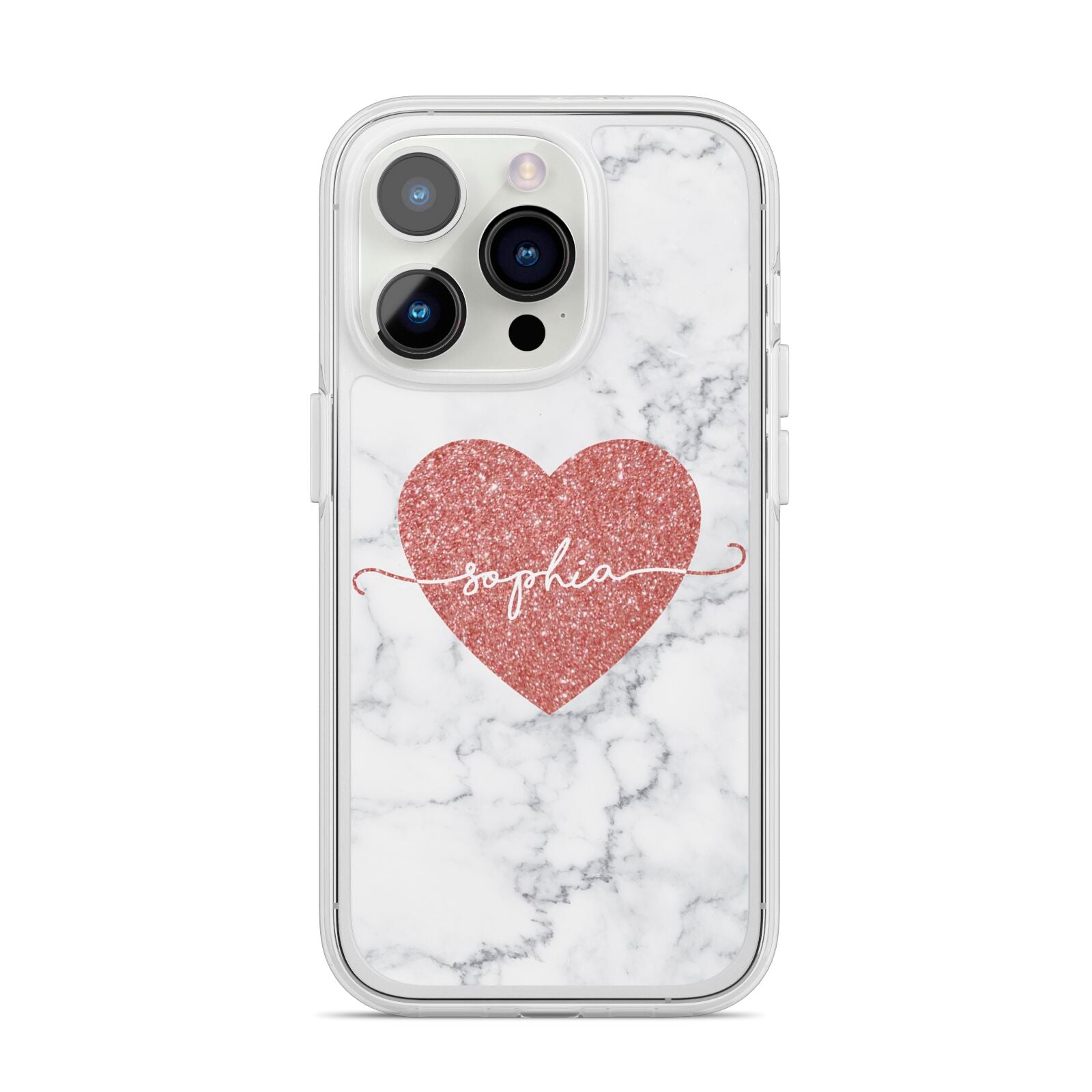 Marble Rose Gold Glitter Heart Personalised Name iPhone 14 Pro Clear Tough Case Silver