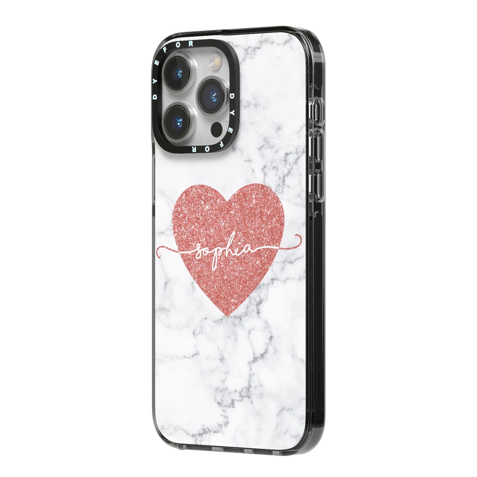 Marble Rose Gold Glitter Heart Personalised Name iPhone 14 Pro Max Black Impact Case Side Angle on Silver phone