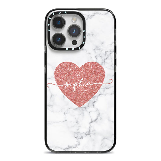 Marble Rose Gold Glitter Heart Personalised Name iPhone 14 Pro Max Black Impact Case on Silver phone