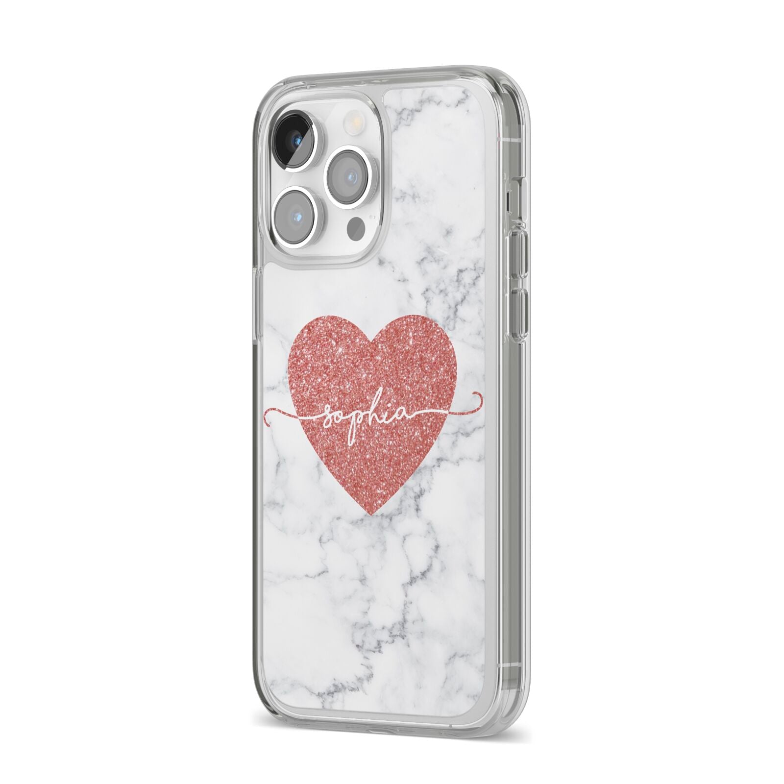 Marble Rose Gold Glitter Heart Personalised Name iPhone 14 Pro Max Clear Tough Case Silver Angled Image