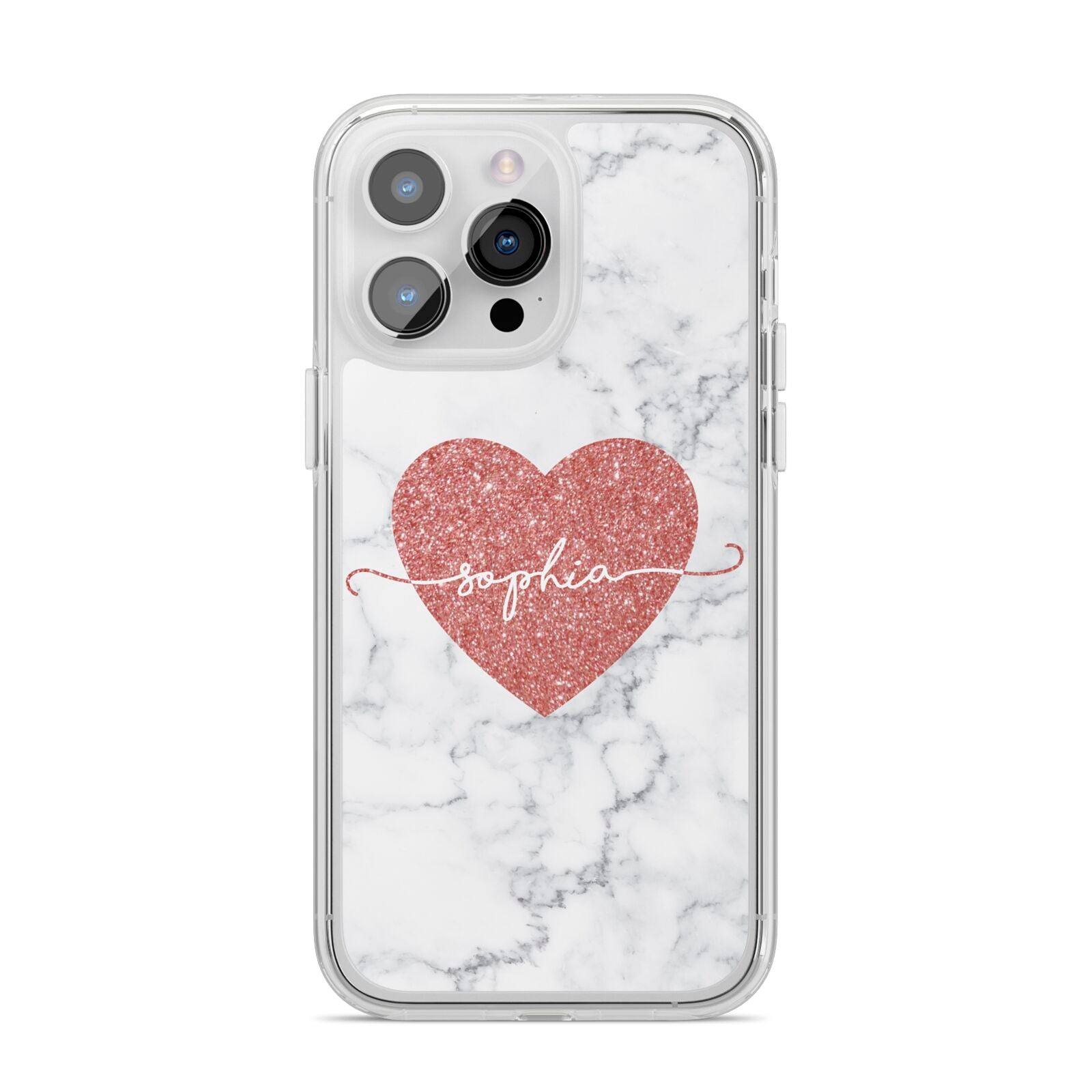 Marble Rose Gold Glitter Heart Personalised Name iPhone 14 Pro Max Clear Tough Case Silver