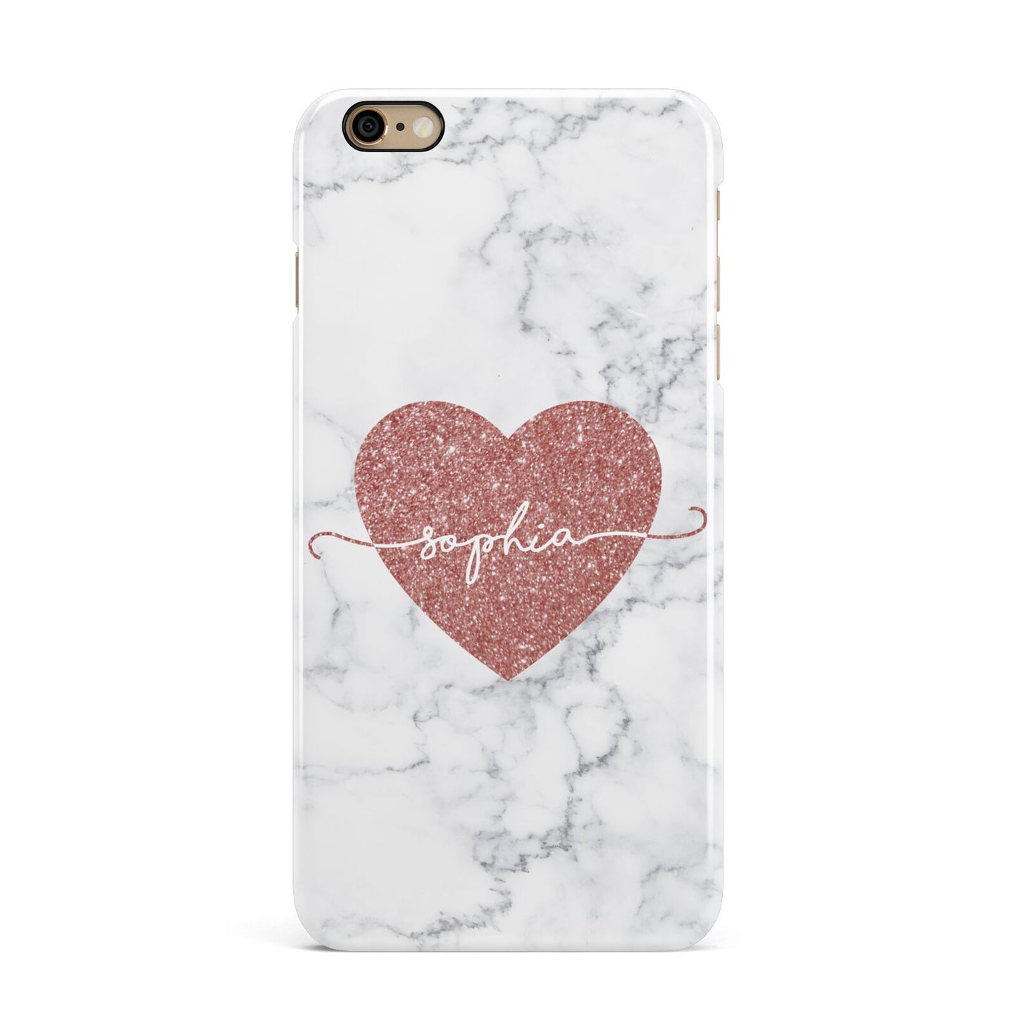 Marble Rose Gold Glitter Heart Personalised Name iPhone 6 Plus 3D Snap Case on Gold Phone