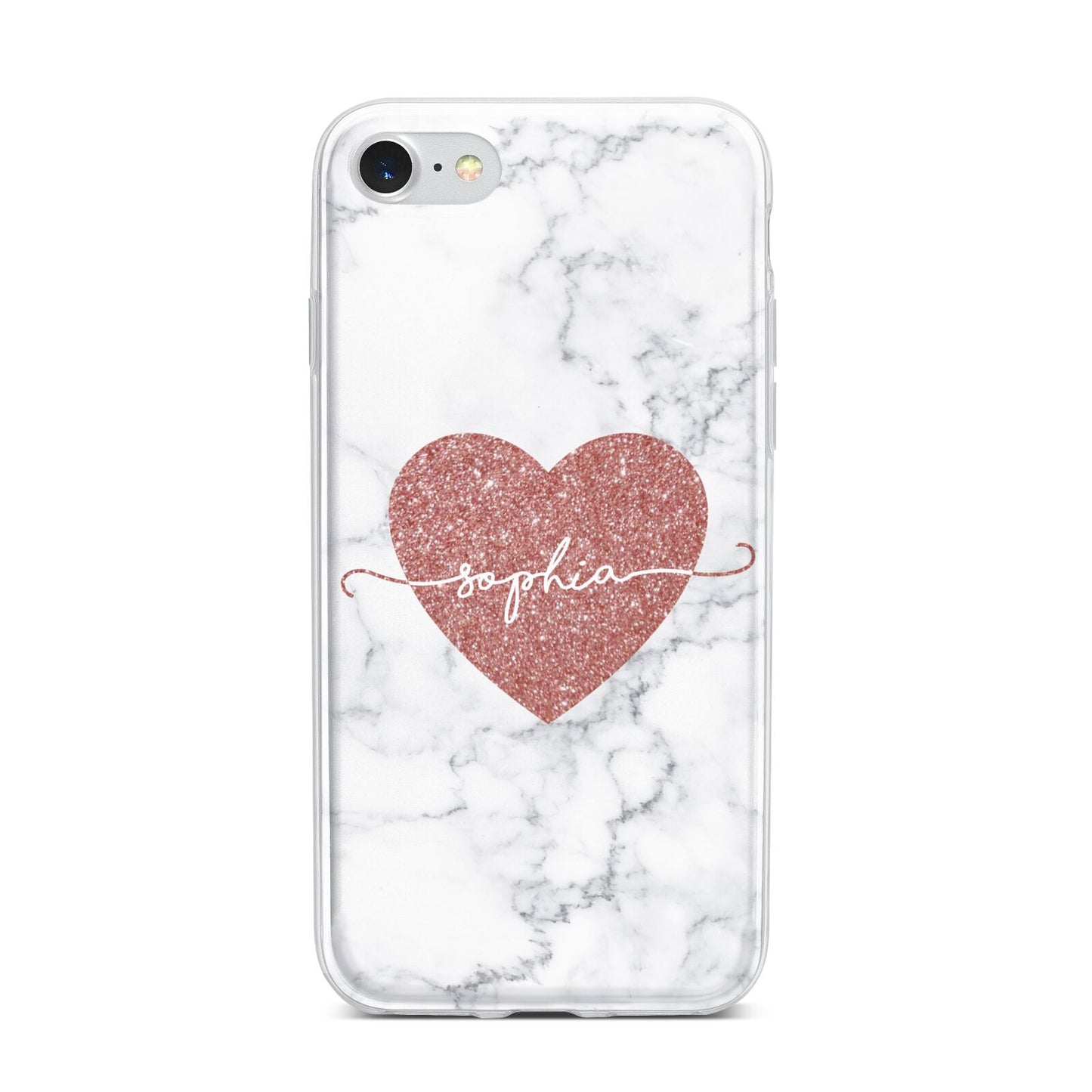 Marble Rose Gold Glitter Heart Personalised Name iPhone 7 Bumper Case on Silver iPhone
