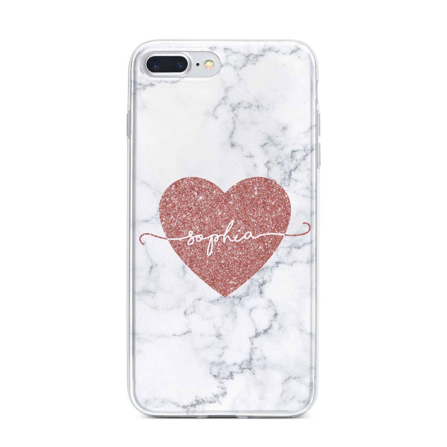 Marble Rose Gold Glitter Heart Personalised Name iPhone 7 Plus Bumper Case on Silver iPhone
