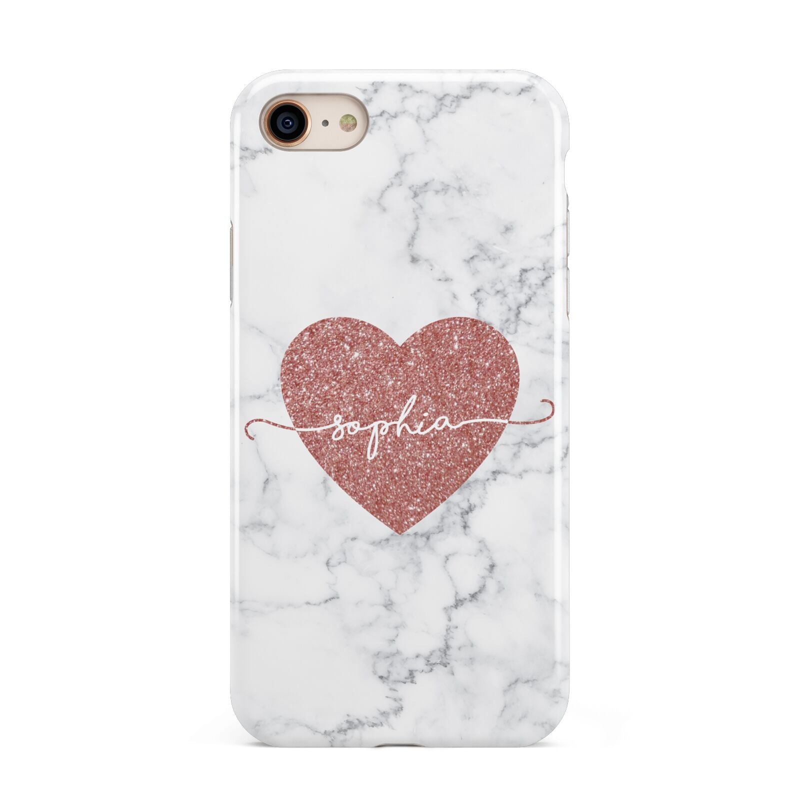Marble Rose Gold Glitter Heart Personalised Name iPhone 8 3D Tough Case on Gold Phone