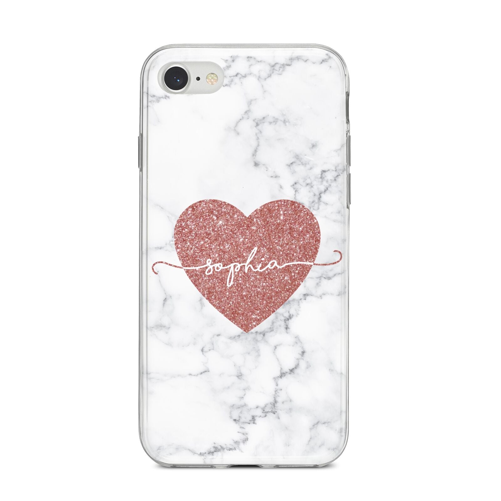 Marble Rose Gold Glitter Heart Personalised Name iPhone 8 Bumper Case on Silver iPhone