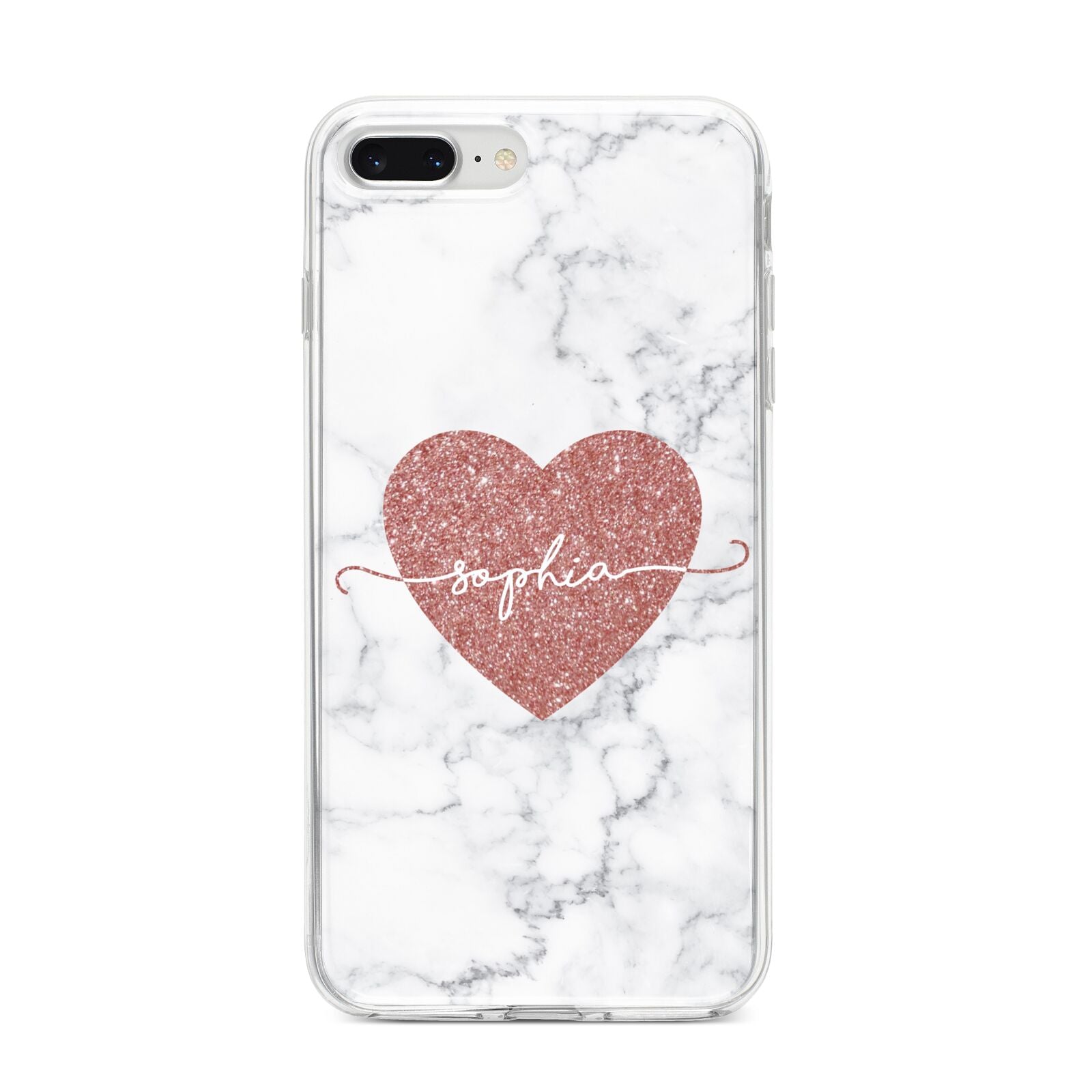 Marble Rose Gold Glitter Heart Personalised Name iPhone 8 Plus Bumper Case on Silver iPhone