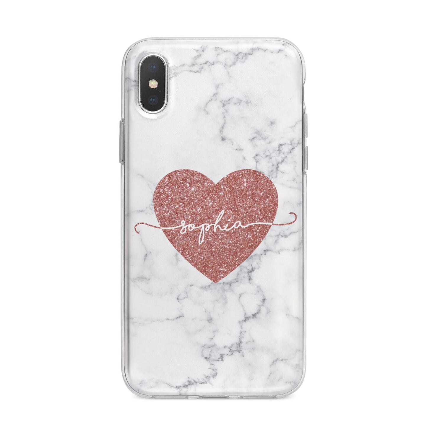 Marble Rose Gold Glitter Heart Personalised Name iPhone X Bumper Case on Silver iPhone Alternative Image 1