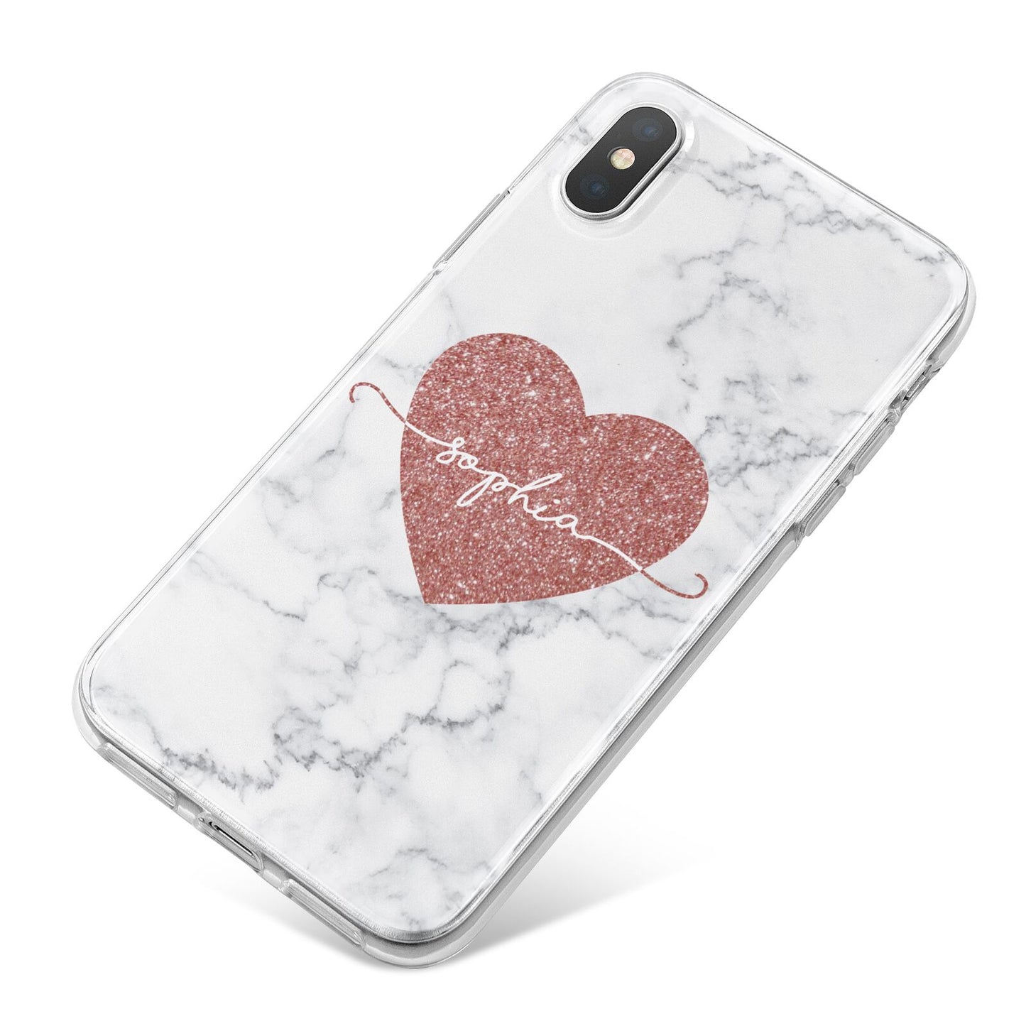 Marble Rose Gold Glitter Heart Personalised Name iPhone X Bumper Case on Silver iPhone