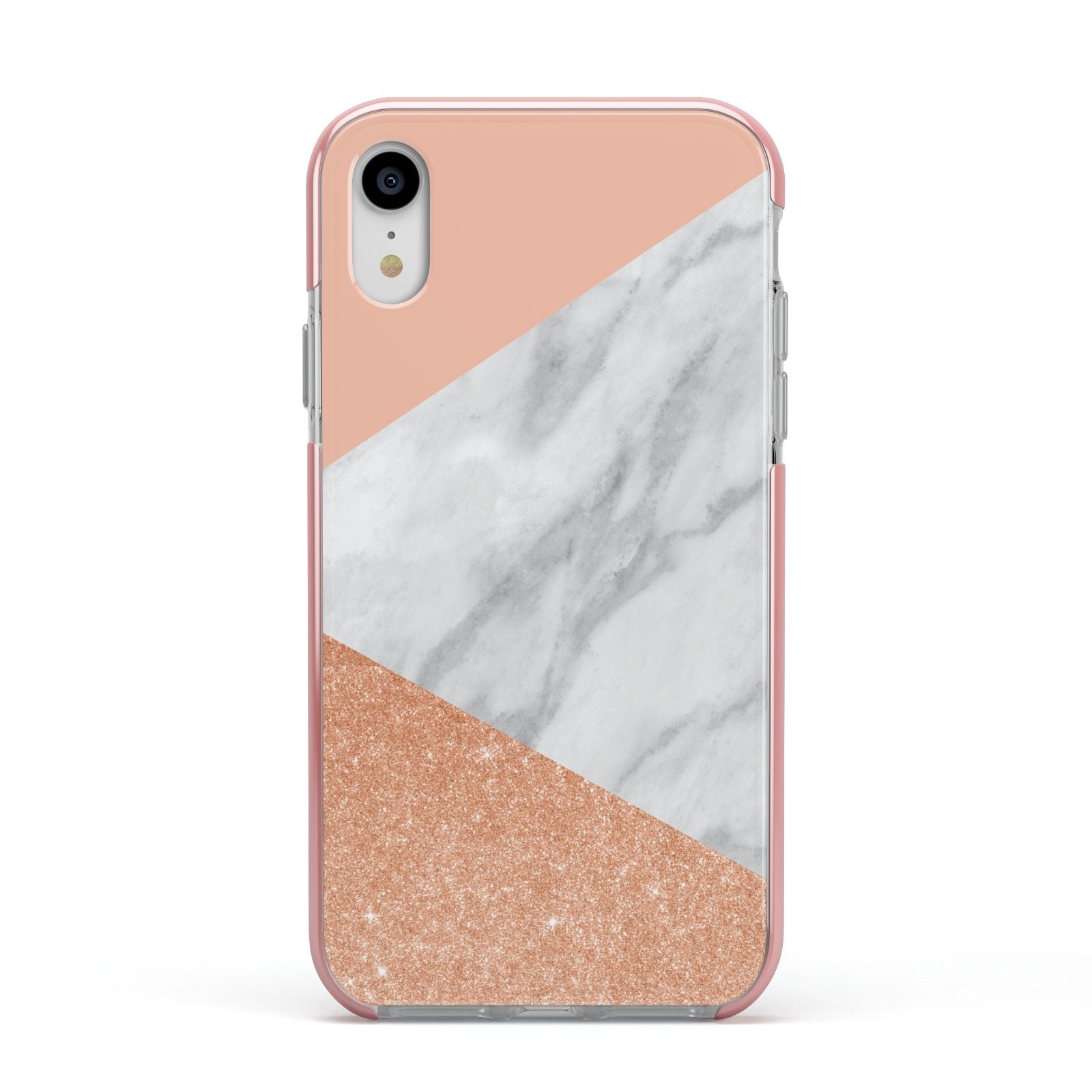 Marble Rose Gold Pink Apple iPhone XR Impact Case Pink Edge on Silver Phone