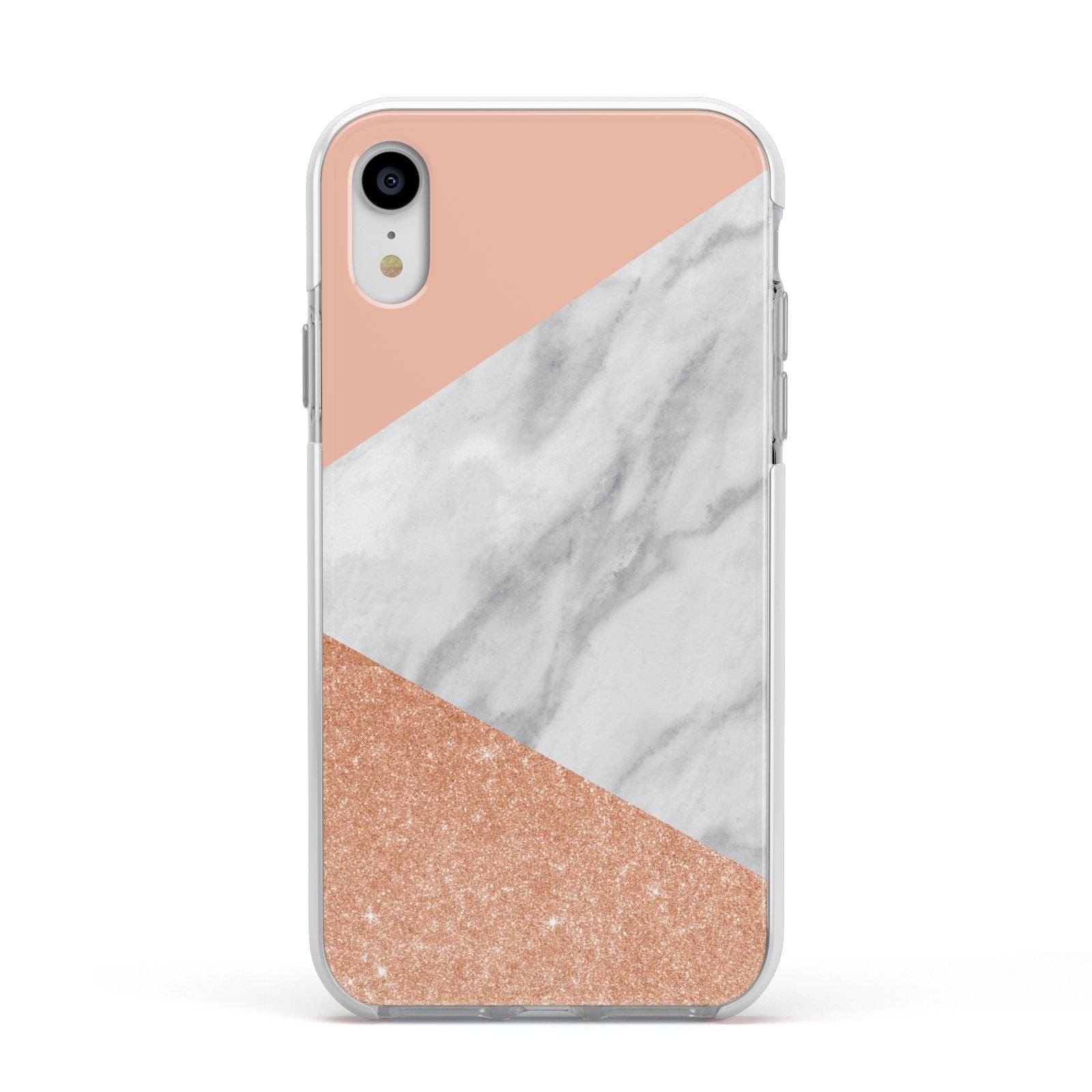 Marble Rose Gold Pink Apple iPhone XR Impact Case White Edge on Silver Phone