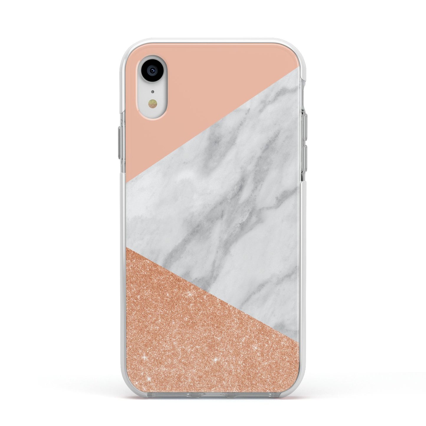 Marble Rose Gold Pink Apple iPhone XR Impact Case White Edge on Silver Phone