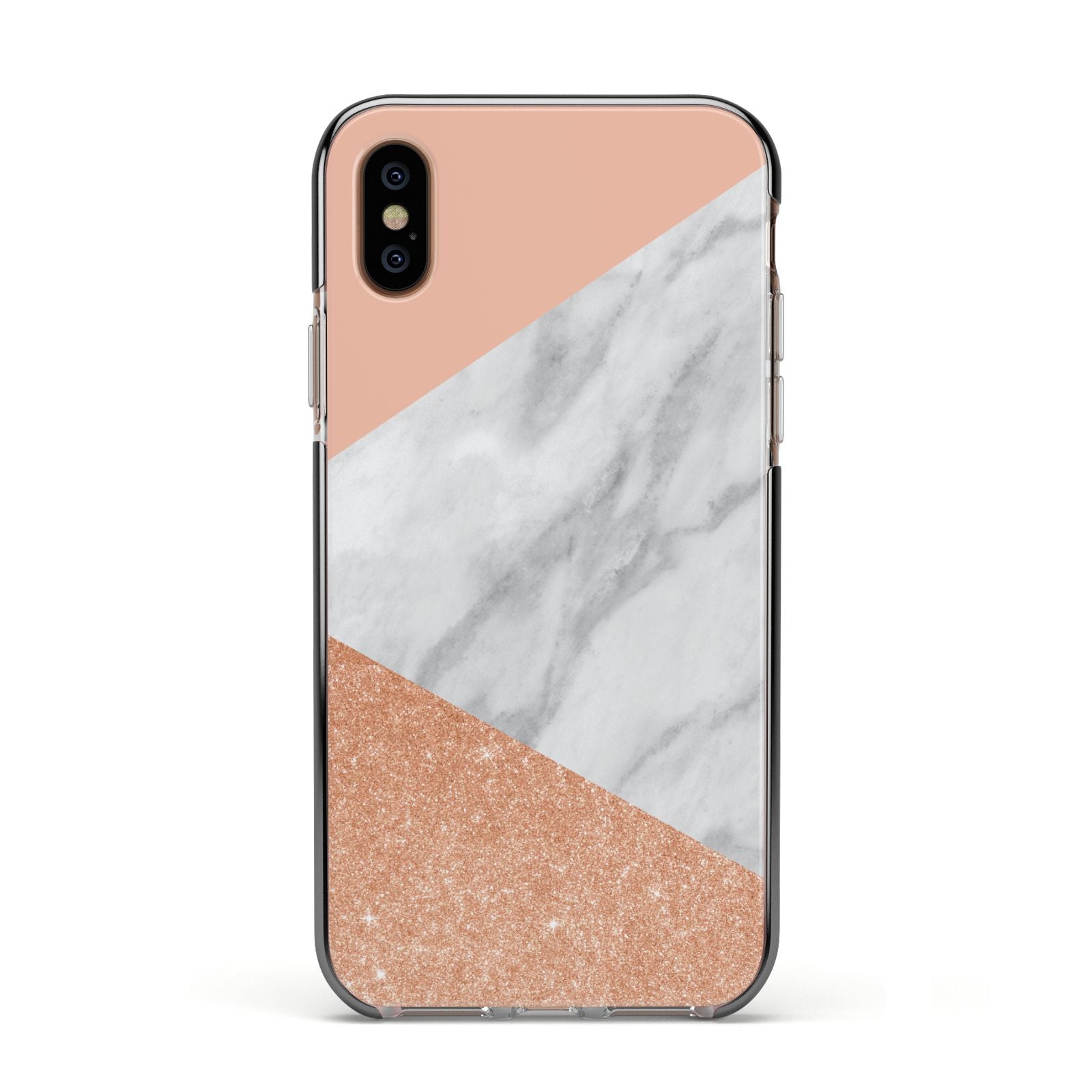 Marble Rose Gold Pink Apple iPhone Xs Impact Case Black Edge on Gold Phone