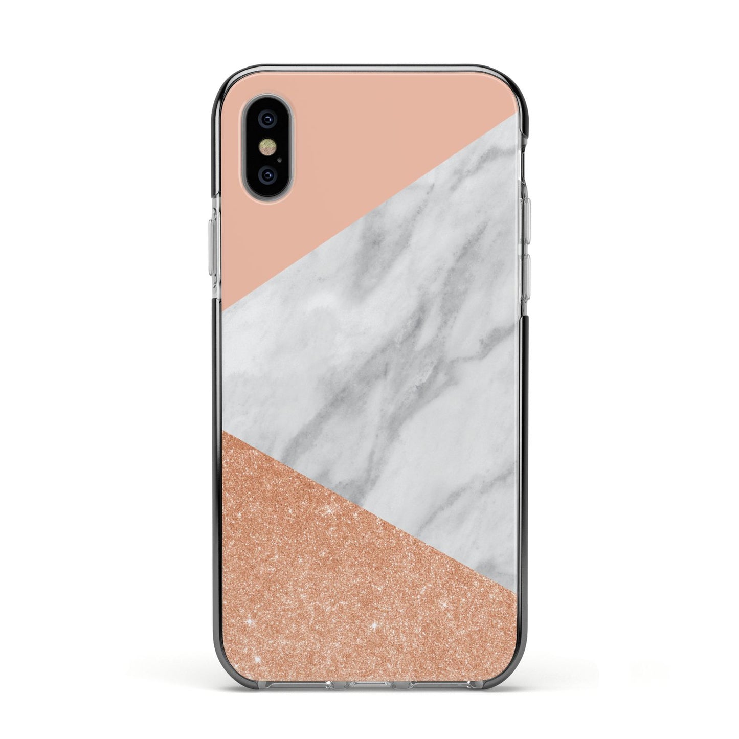 Marble Rose Gold Pink Apple iPhone Xs Impact Case Black Edge on Silver Phone