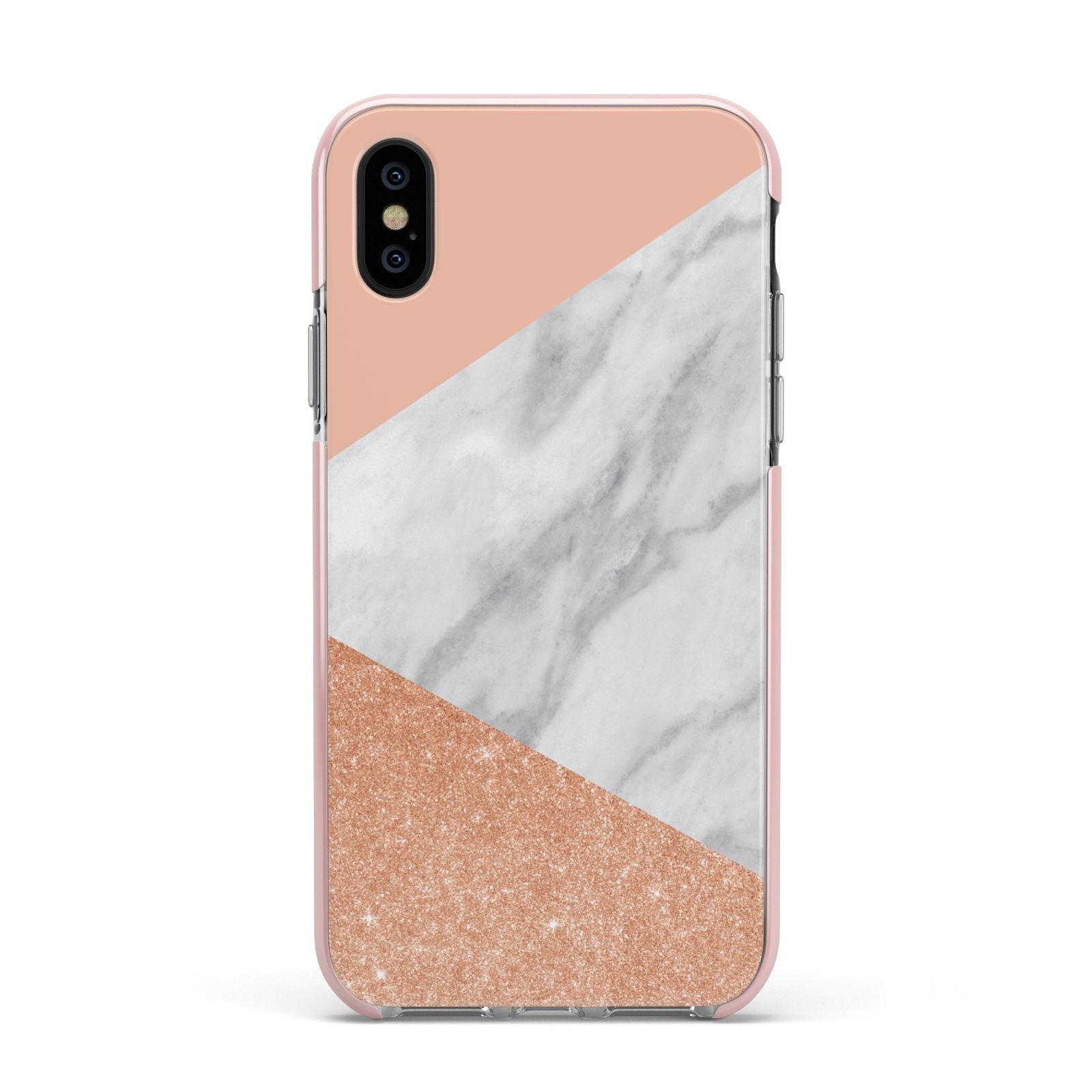 Marble Rose Gold Pink Apple iPhone Xs Impact Case Pink Edge on Black Phone