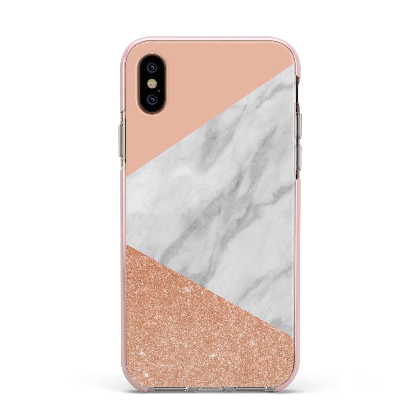 Marble Rose Gold Pink Apple iPhone Xs Impact Case Pink Edge on Gold Phone