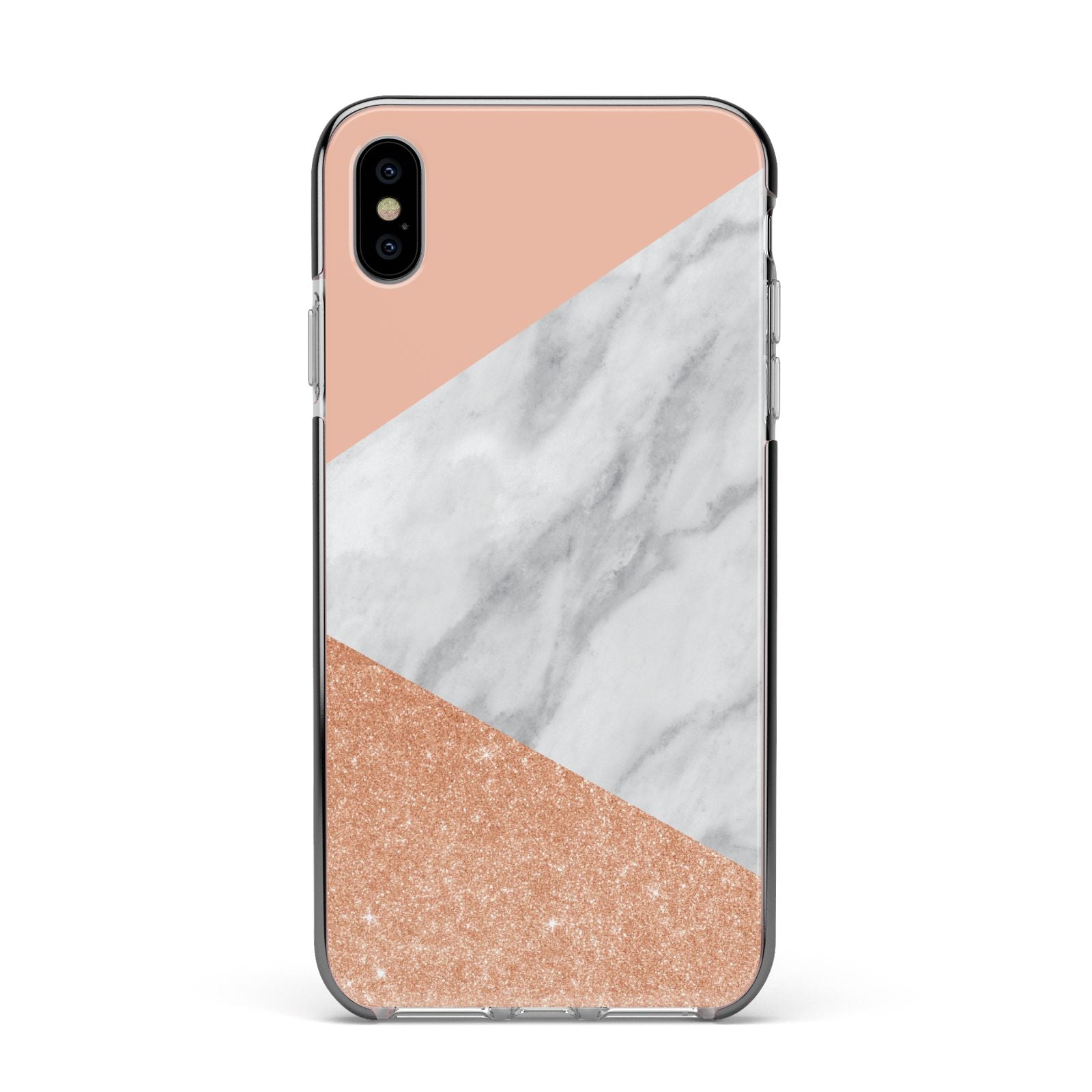 Marble Rose Gold Pink Apple iPhone Xs Max Impact Case Black Edge on Silver Phone