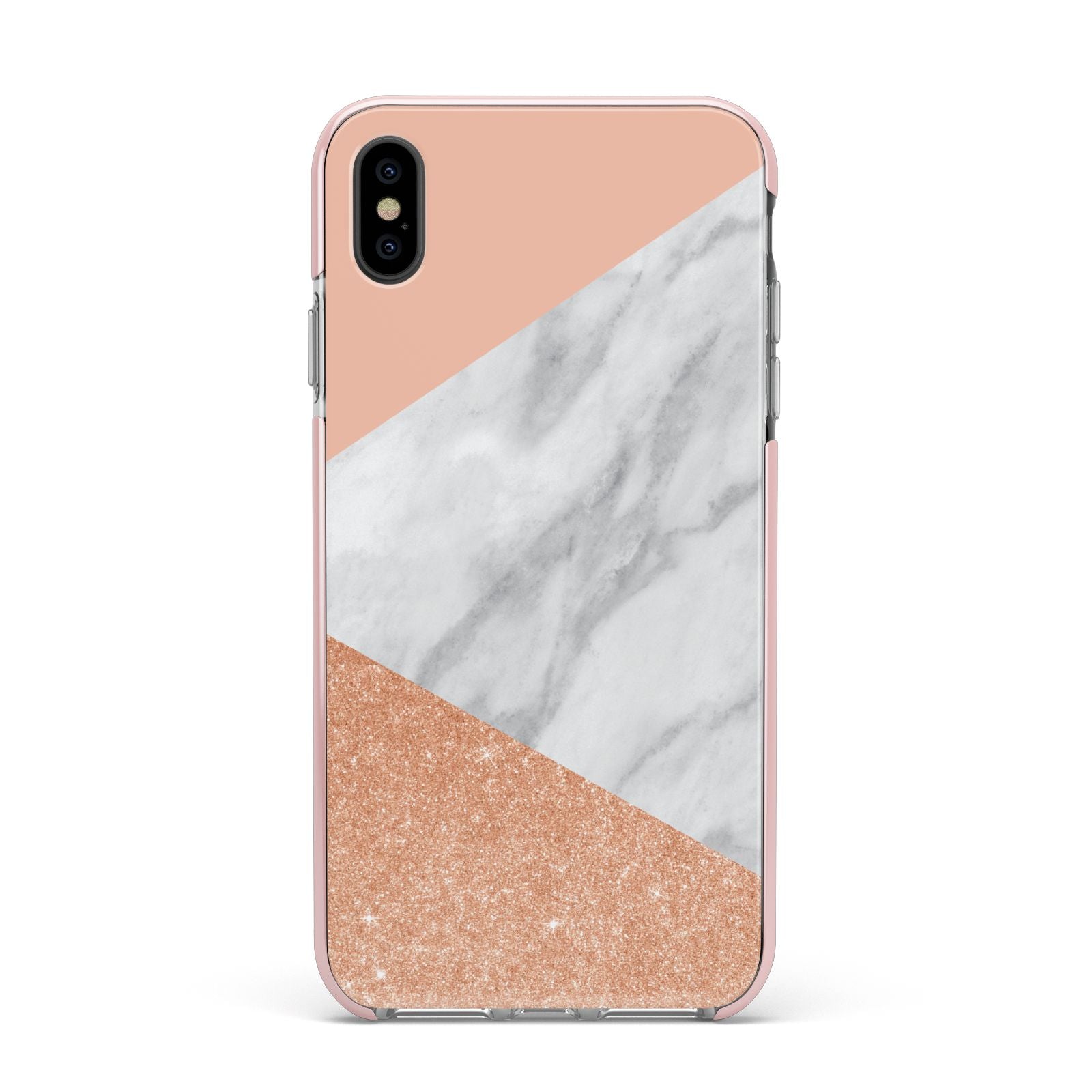 Marble Rose Gold Pink Apple iPhone Xs Max Impact Case Pink Edge on Black Phone