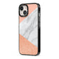Marble Rose Gold Pink iPhone 13 Black Impact Case Side Angle on Silver phone