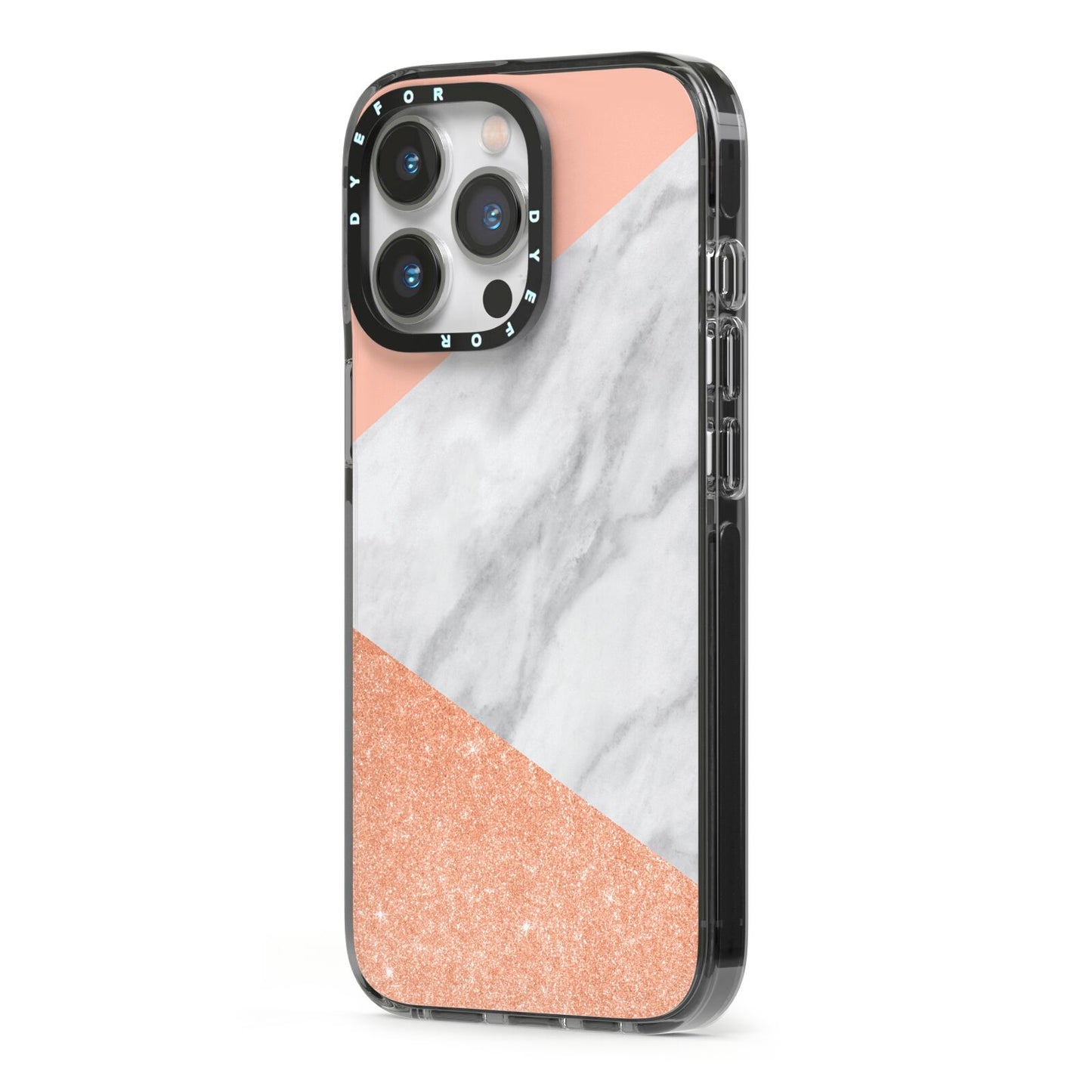 Marble Rose Gold Pink iPhone 13 Pro Black Impact Case Side Angle on Silver phone