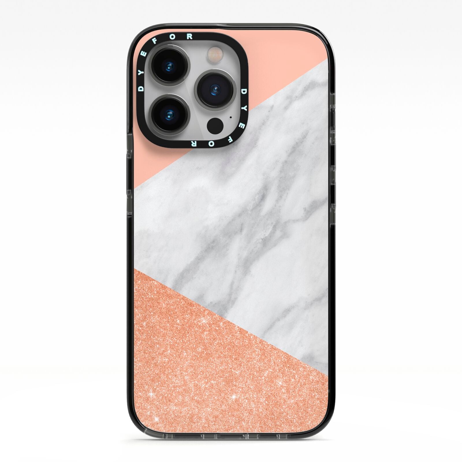 Marble Rose Gold Pink iPhone 13 Pro Black Impact Case on Silver phone